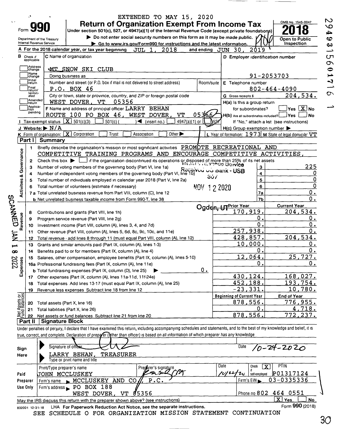 Image of first page of 2018 Form 990 for MT Snow Ski Club