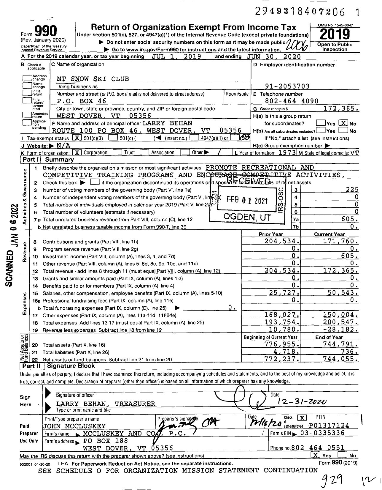 Image of first page of 2019 Form 990 for MT Snow Ski Club