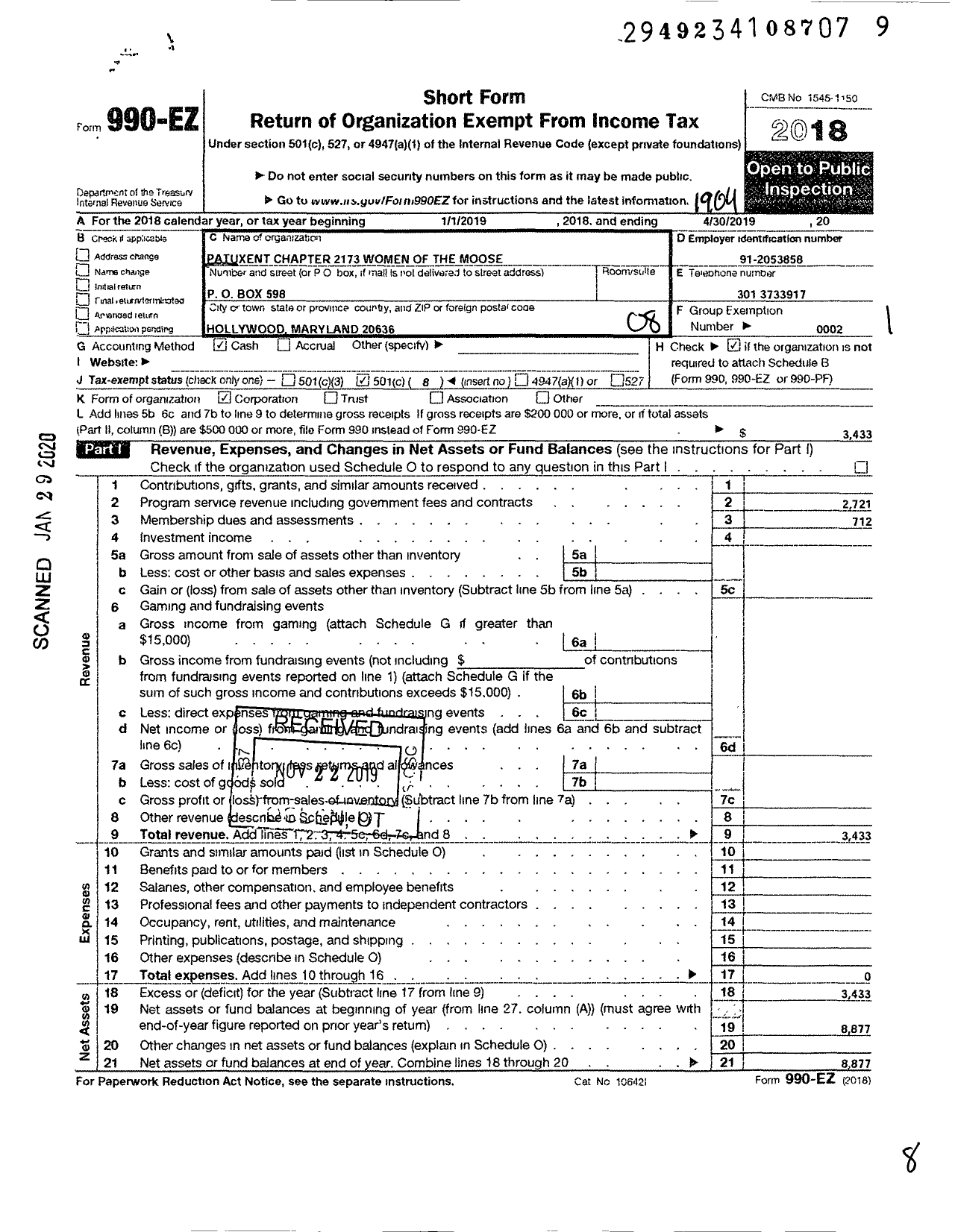 Image of first page of 2018 Form 990EO for Loyal Order of Moose - 2173