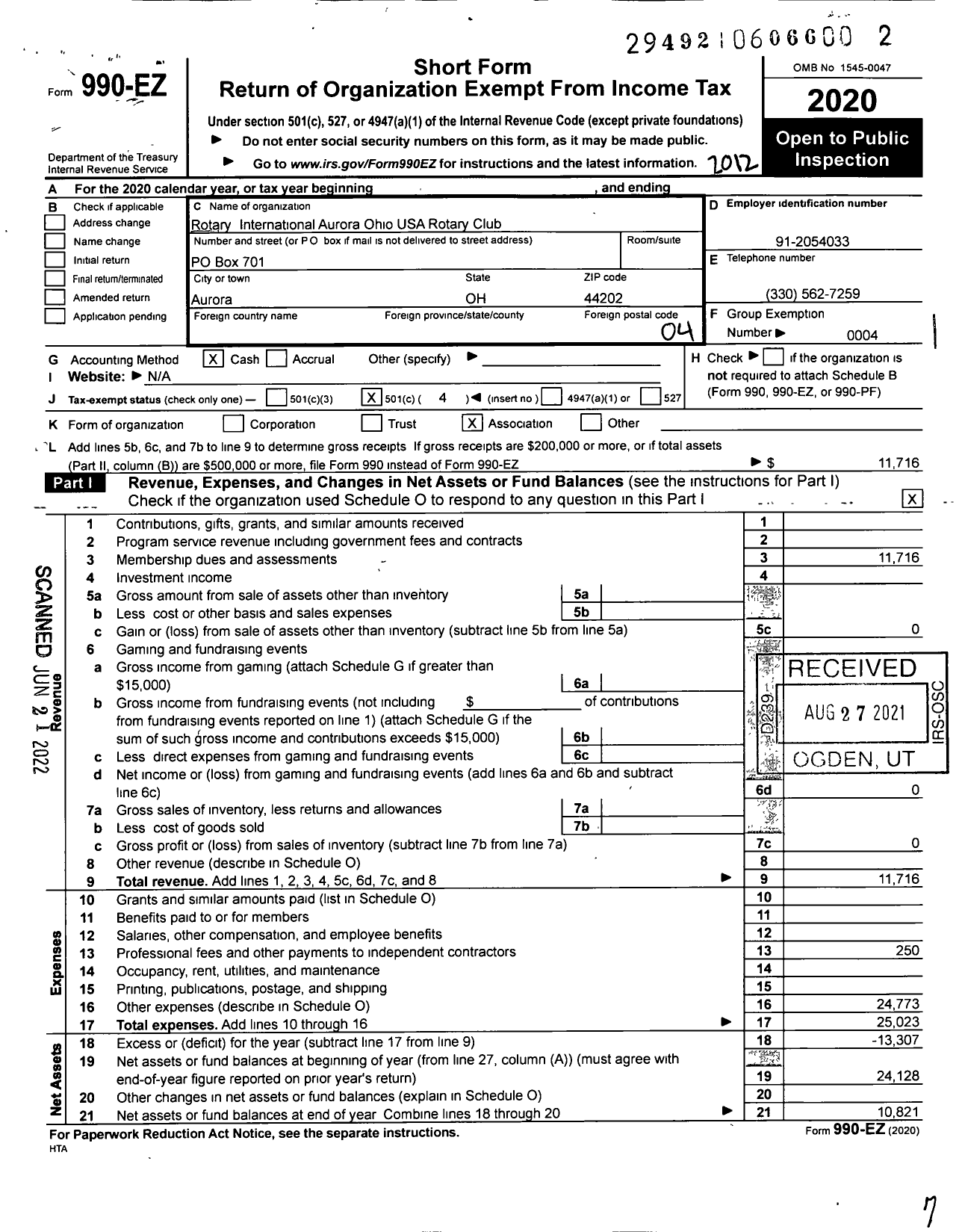 Image of first page of 2020 Form 990EO for Rotary International - Brandon Smith