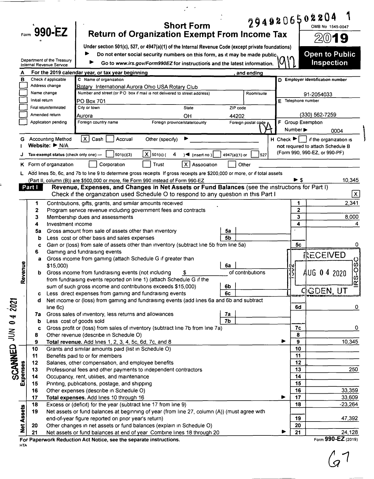 Image of first page of 2019 Form 990EO for Rotary International - Brandon Smith