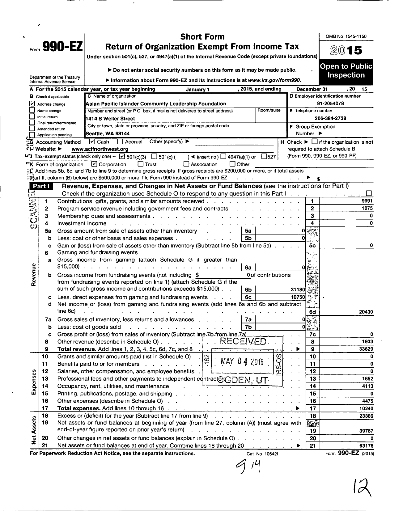 Image of first page of 2015 Form 990EZ for Asian Pacific Islander Community Leadership Foundation