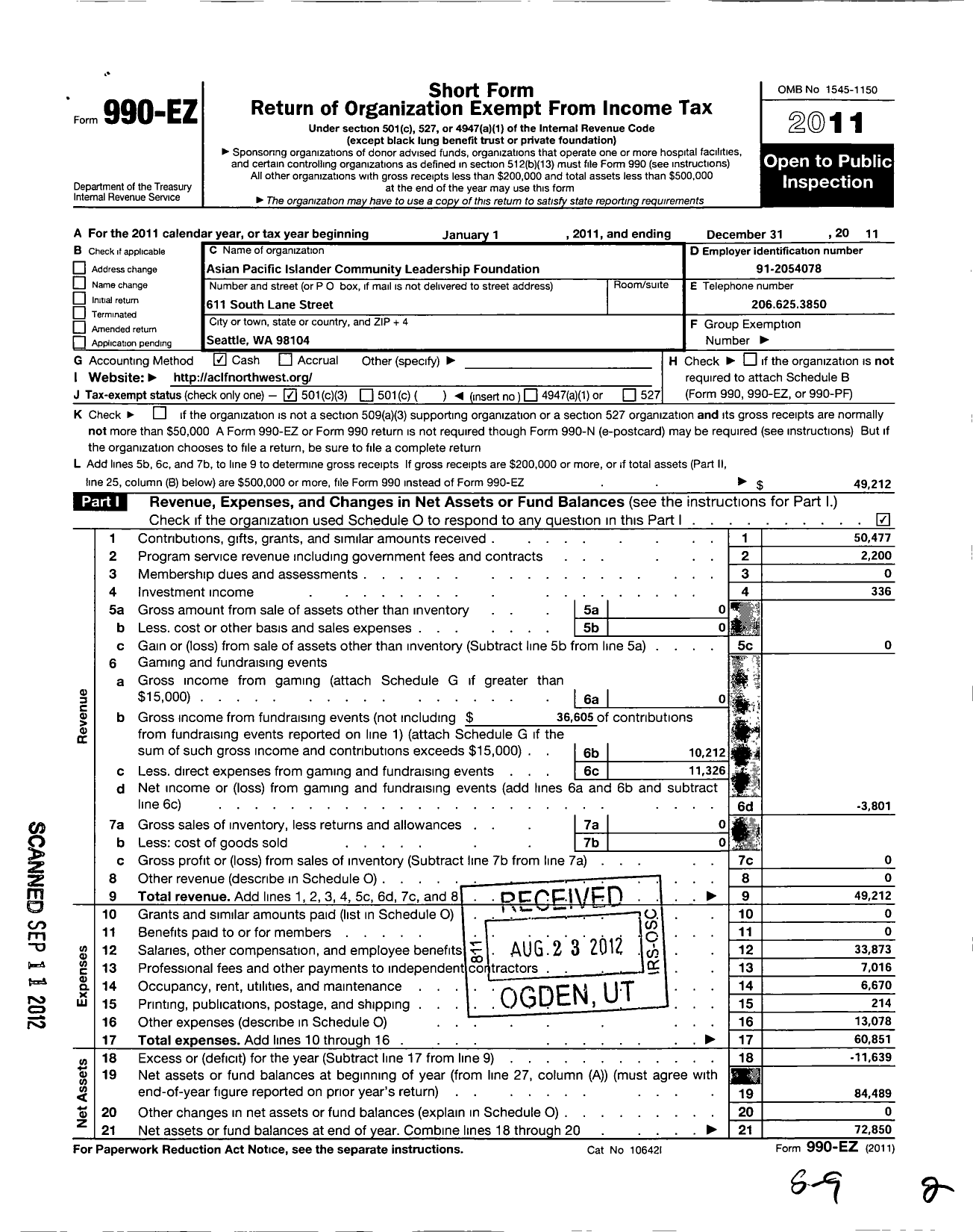 Image of first page of 2011 Form 990EZ for Asian Pacific Islander Community Leadership Foundation