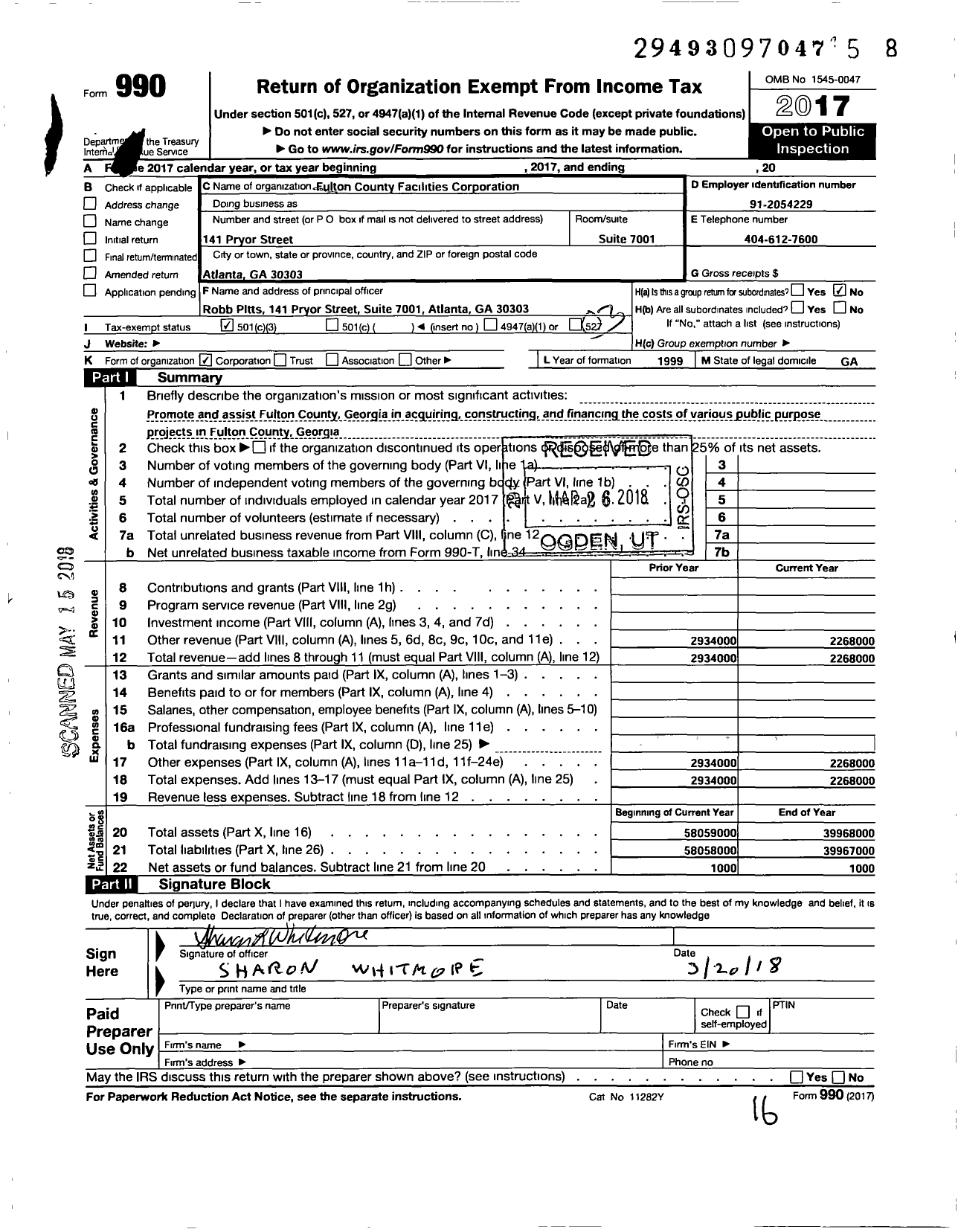 Image of first page of 2017 Form 990 for Fulton County Government