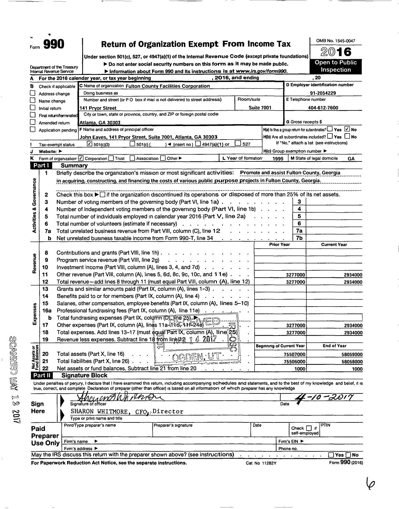 Image of first page of 2016 Form 990 for Fulton County Government