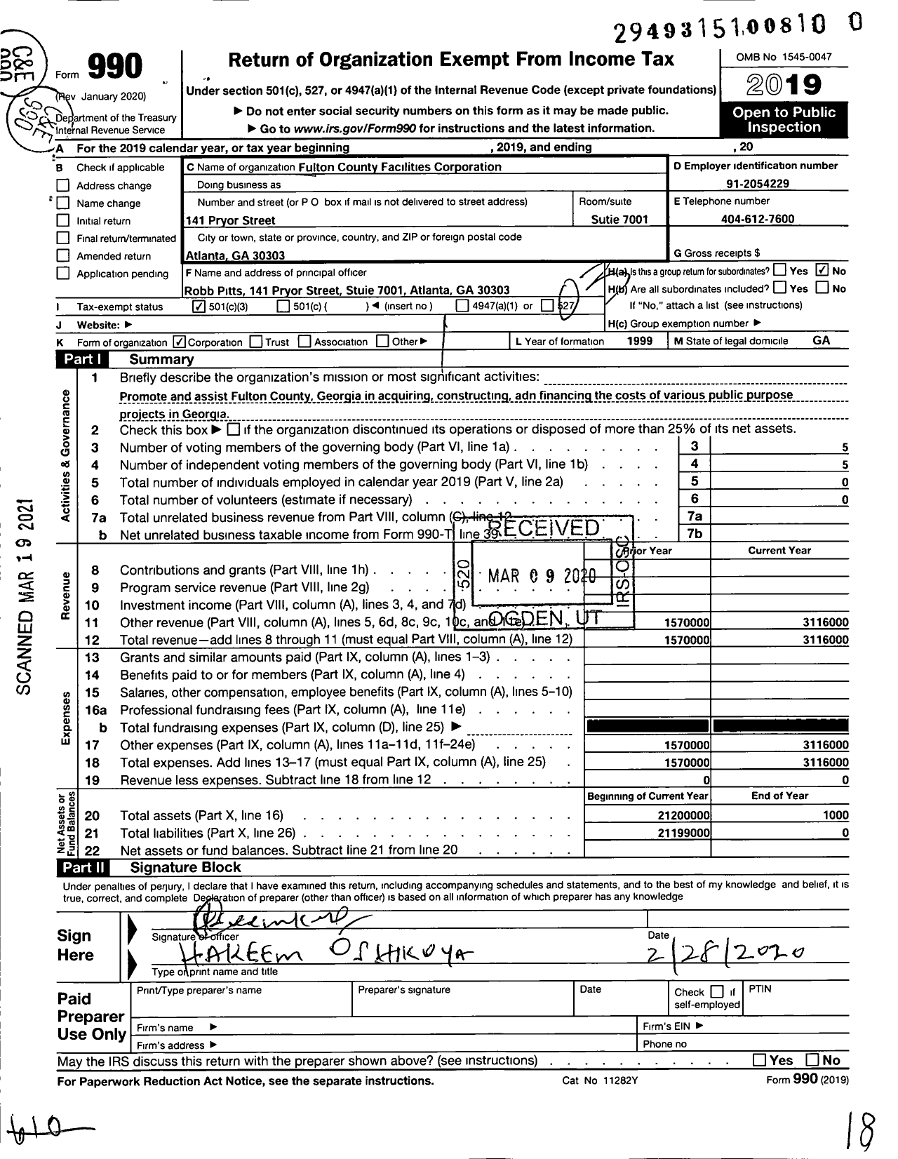 Image of first page of 2019 Form 990 for Fulton County Government