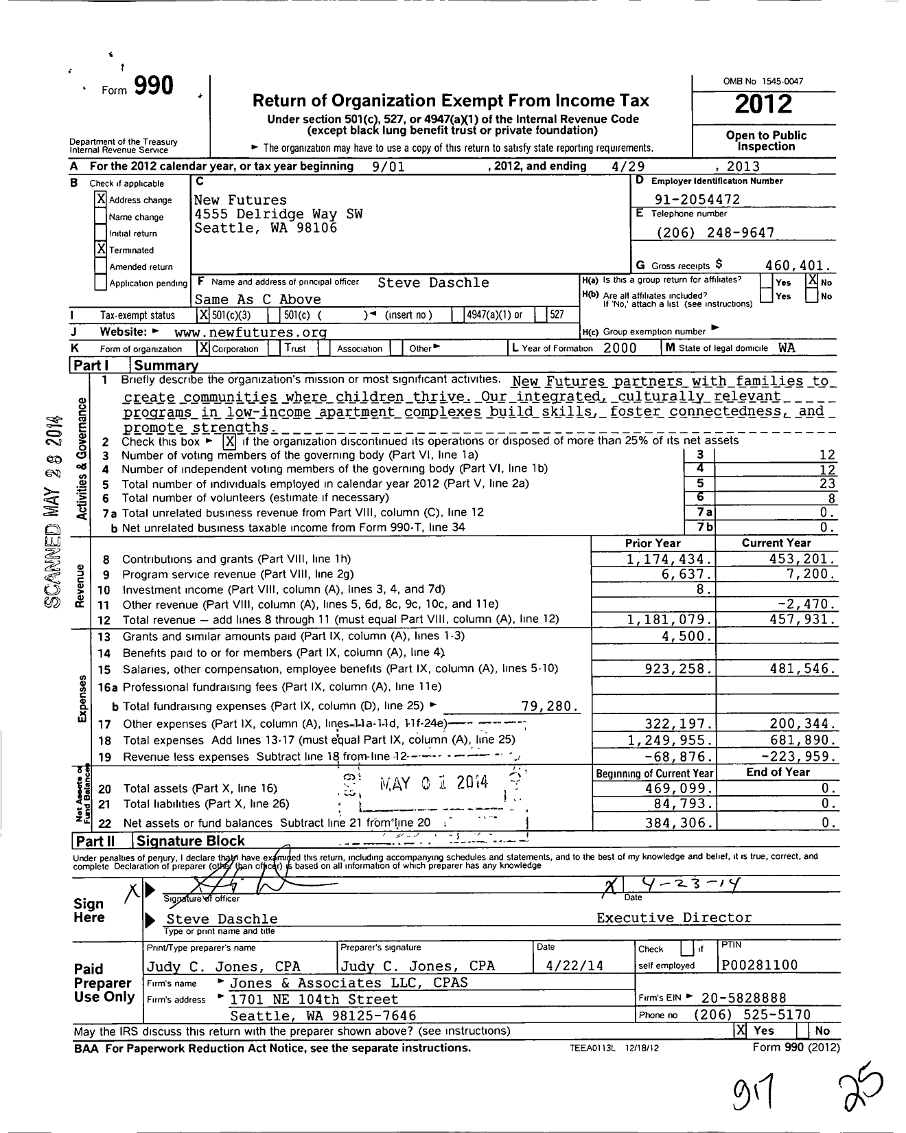 Image of first page of 2012 Form 990 for New Futures