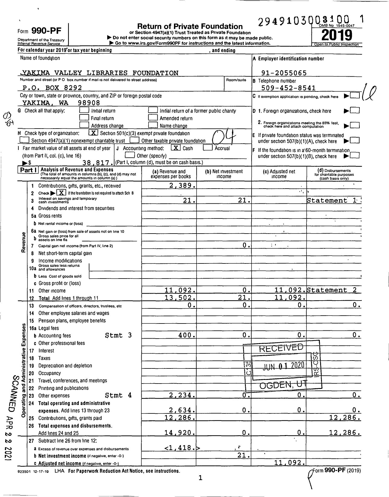 Image of first page of 2019 Form 990PF for Yakima Valley Libraries Foundation