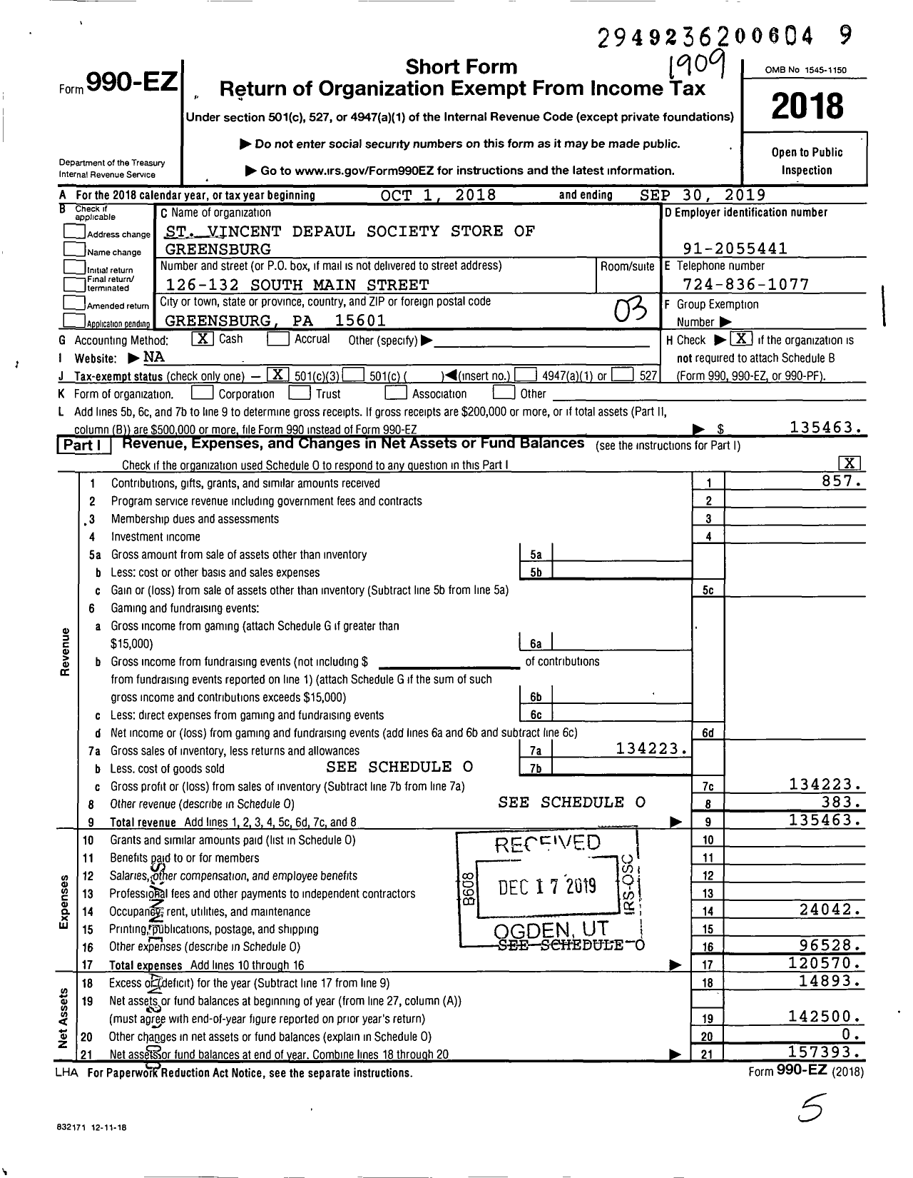 Image of first page of 2018 Form 990EZ for St Vincent Depaul Paul Store Greensburg Society of St Vincent de Paul