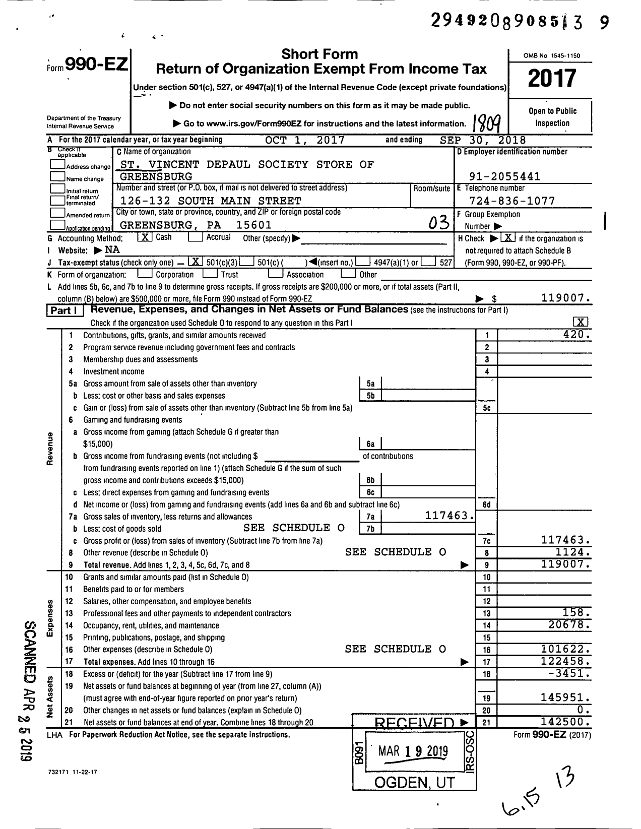 Image of first page of 2017 Form 990EZ for St Vincent Depaul Paul Store Greensburg Society of St Vincent de Paul