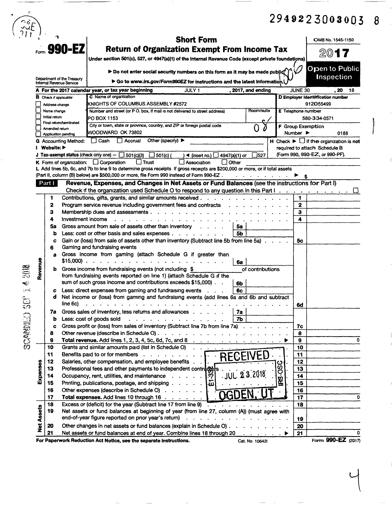 Image of first page of 2017 Form 990EO for Knights of Columbus - 2572 Mother Teresa Assembly