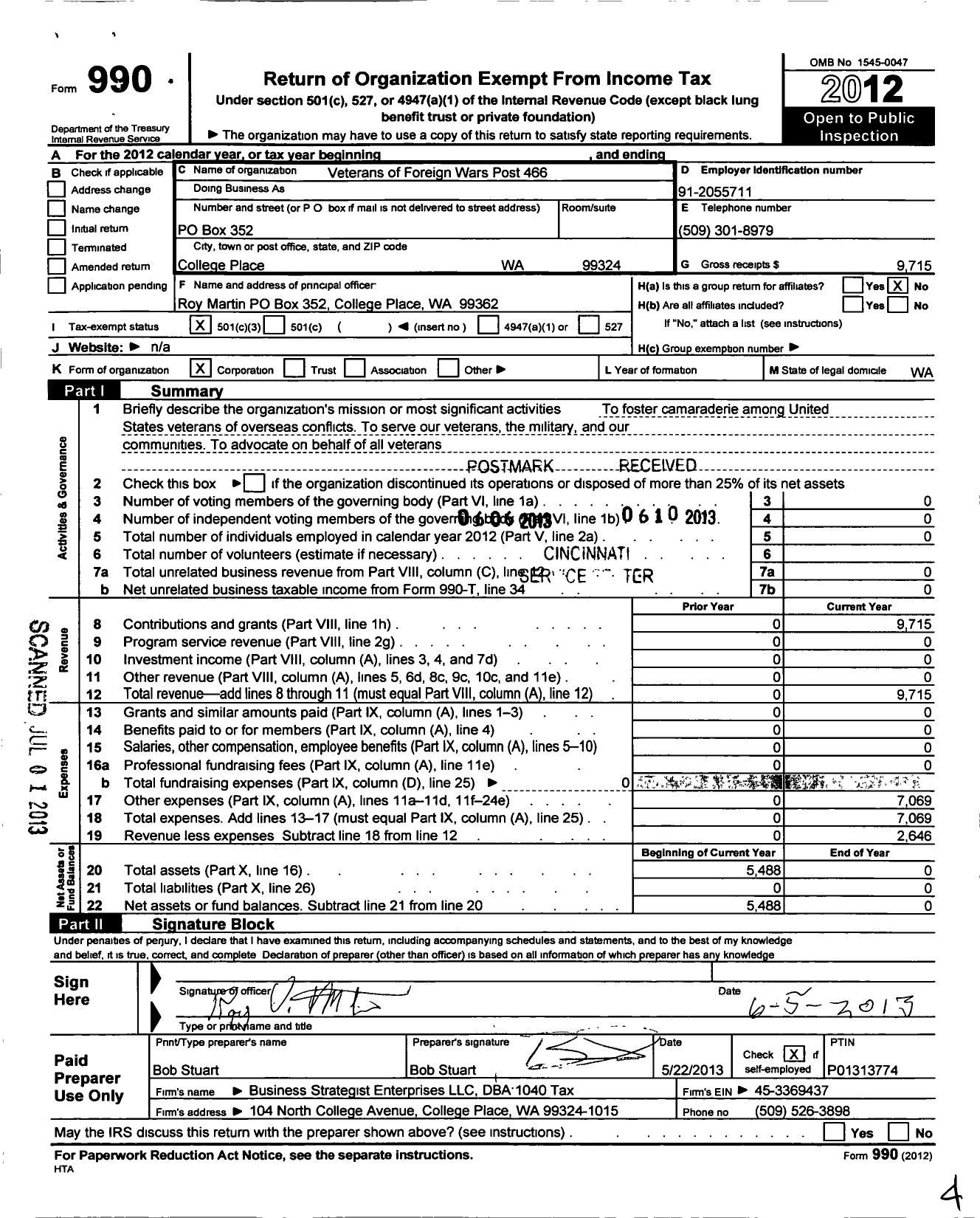 Image of first page of 2012 Form 990 for VFW Department of Washington - 466 College Place