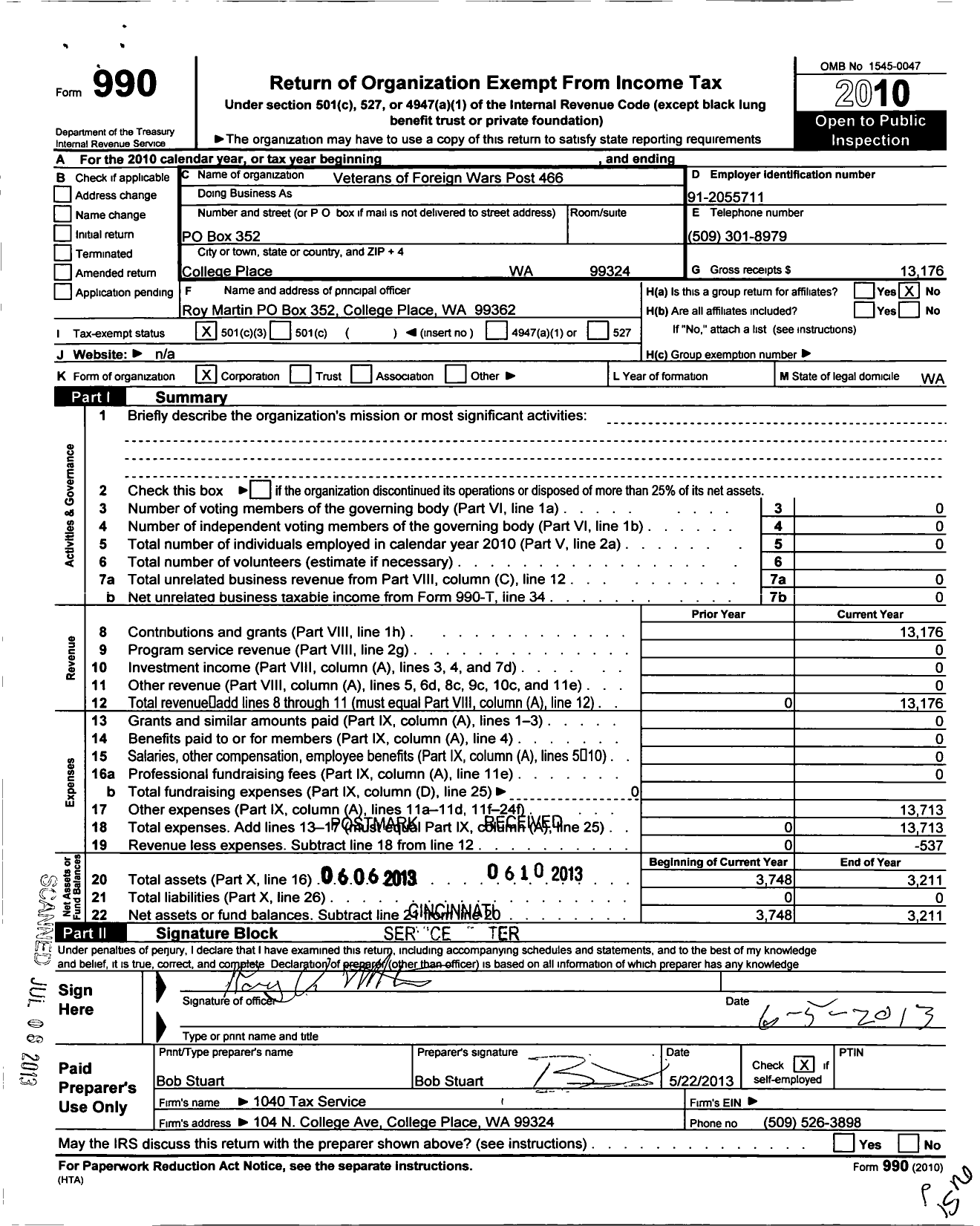 Image of first page of 2010 Form 990 for VFW Department of Washington - 466 College Place