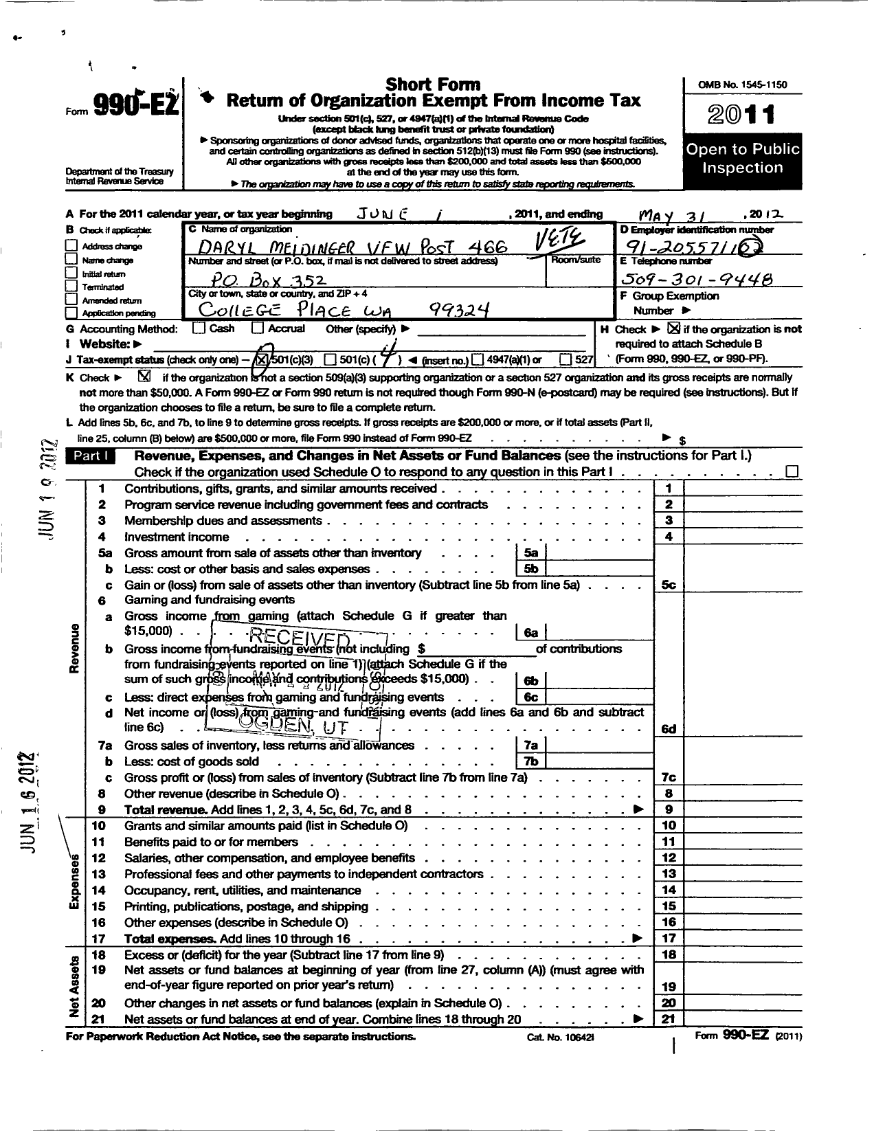 Image of first page of 2011 Form 990EO for VFW Department of Washington - 466 College Place