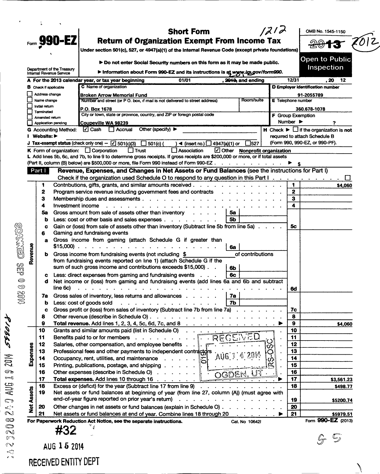 Image of first page of 2012 Form 990EZ for Broken Arrow Memorial Fund