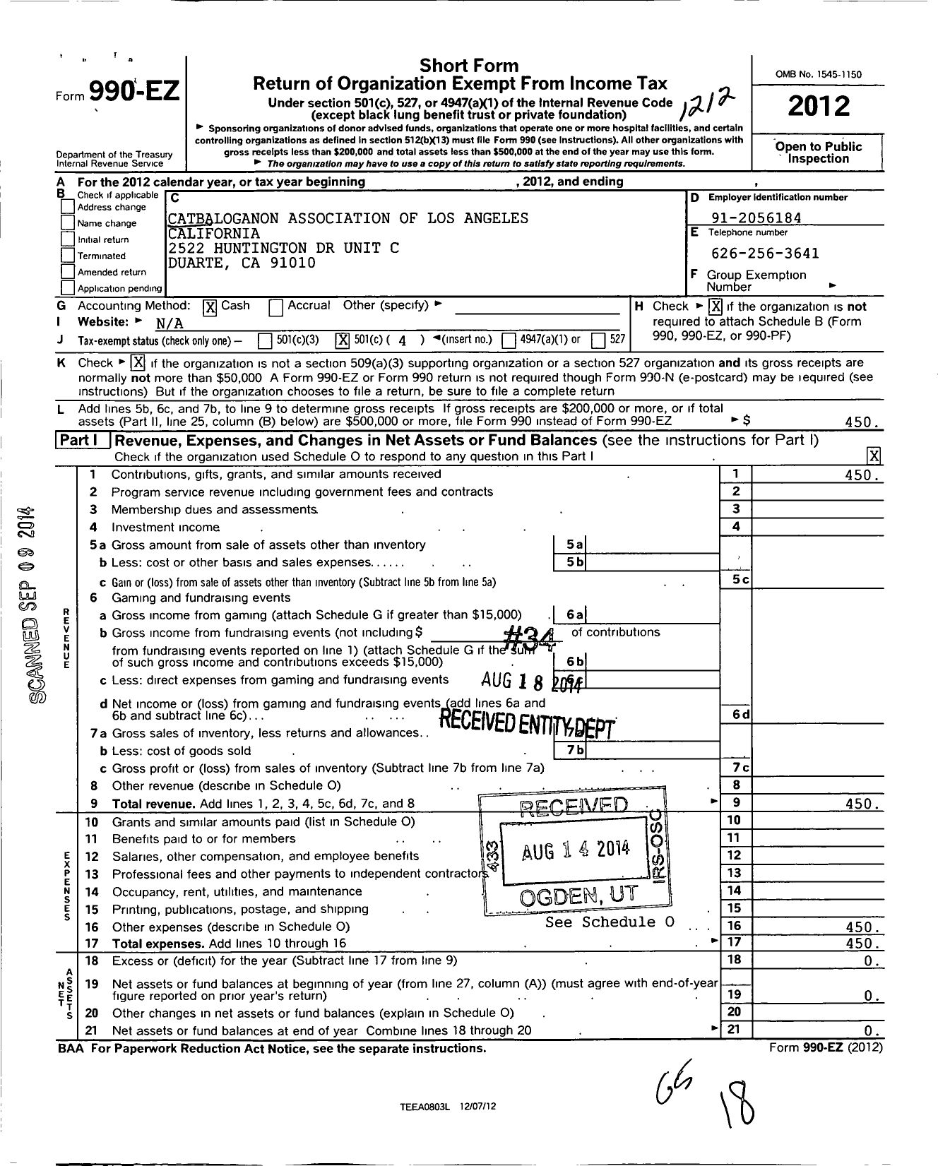 Image of first page of 2012 Form 990EO for Catbaloganon Association of Los Angeles California