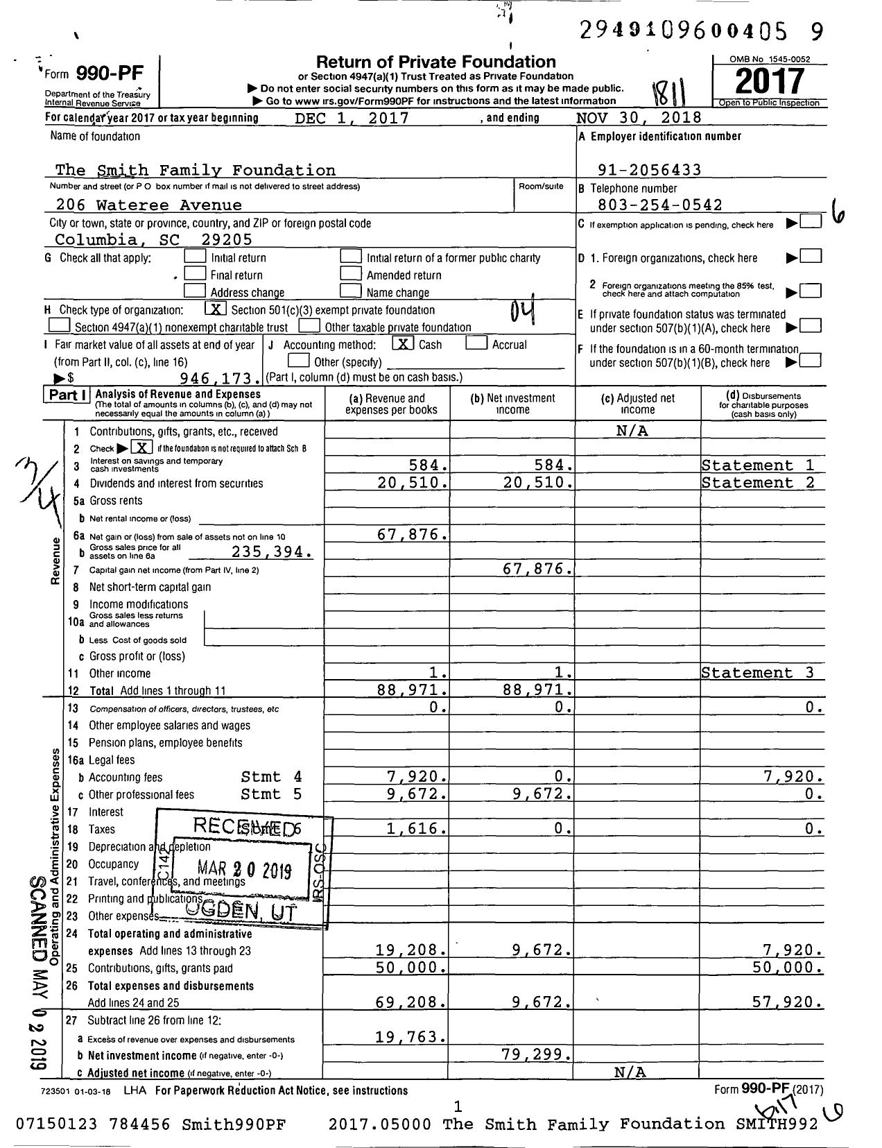 Image of first page of 2017 Form 990PF for The Smith Family Foundation