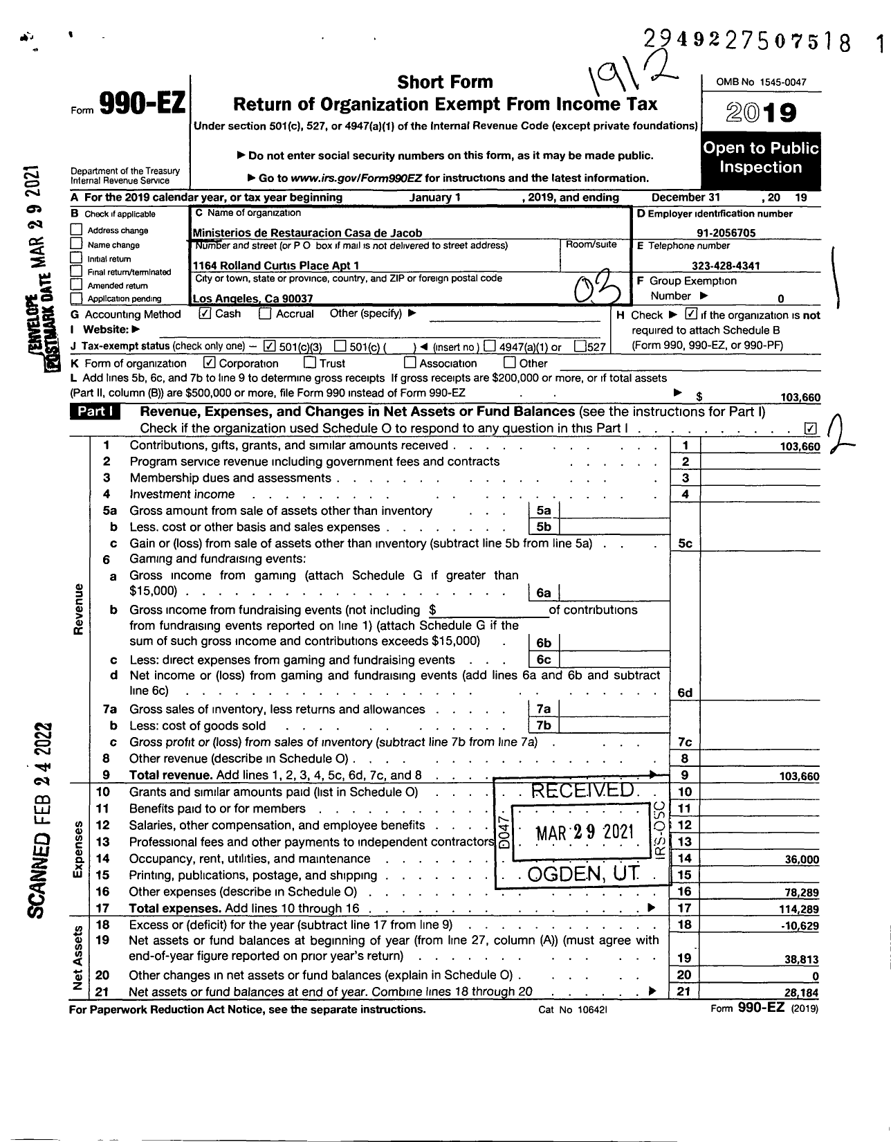 Image of first page of 2019 Form 990EZ for Ministerios de Restauracion Casa de Jacob