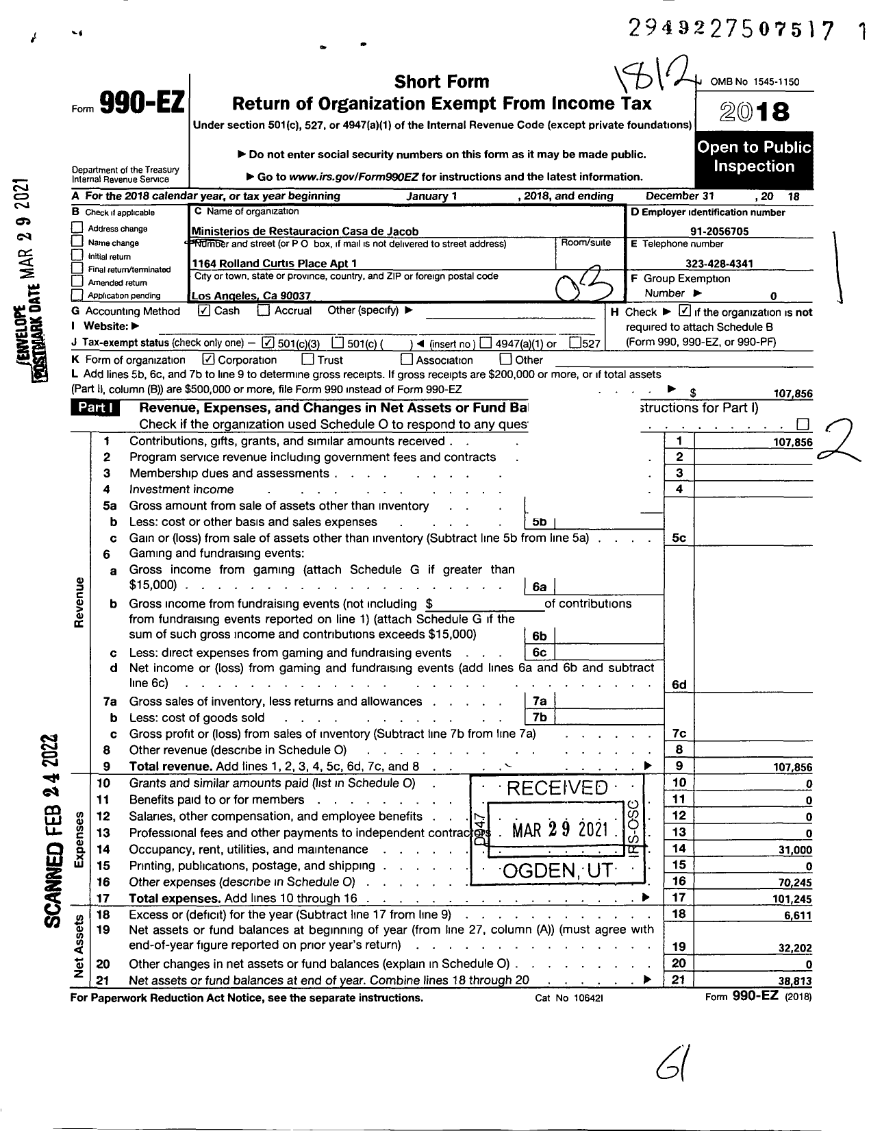 Image of first page of 2018 Form 990EZ for Ministerios de Restauracion Casa de Jacob