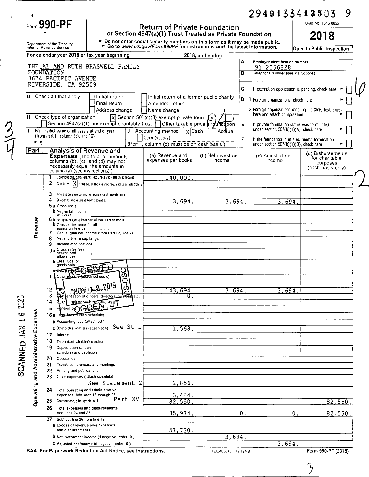 Image of first page of 2018 Form 990PF for The Al and Ruth Braswell Family Foundation