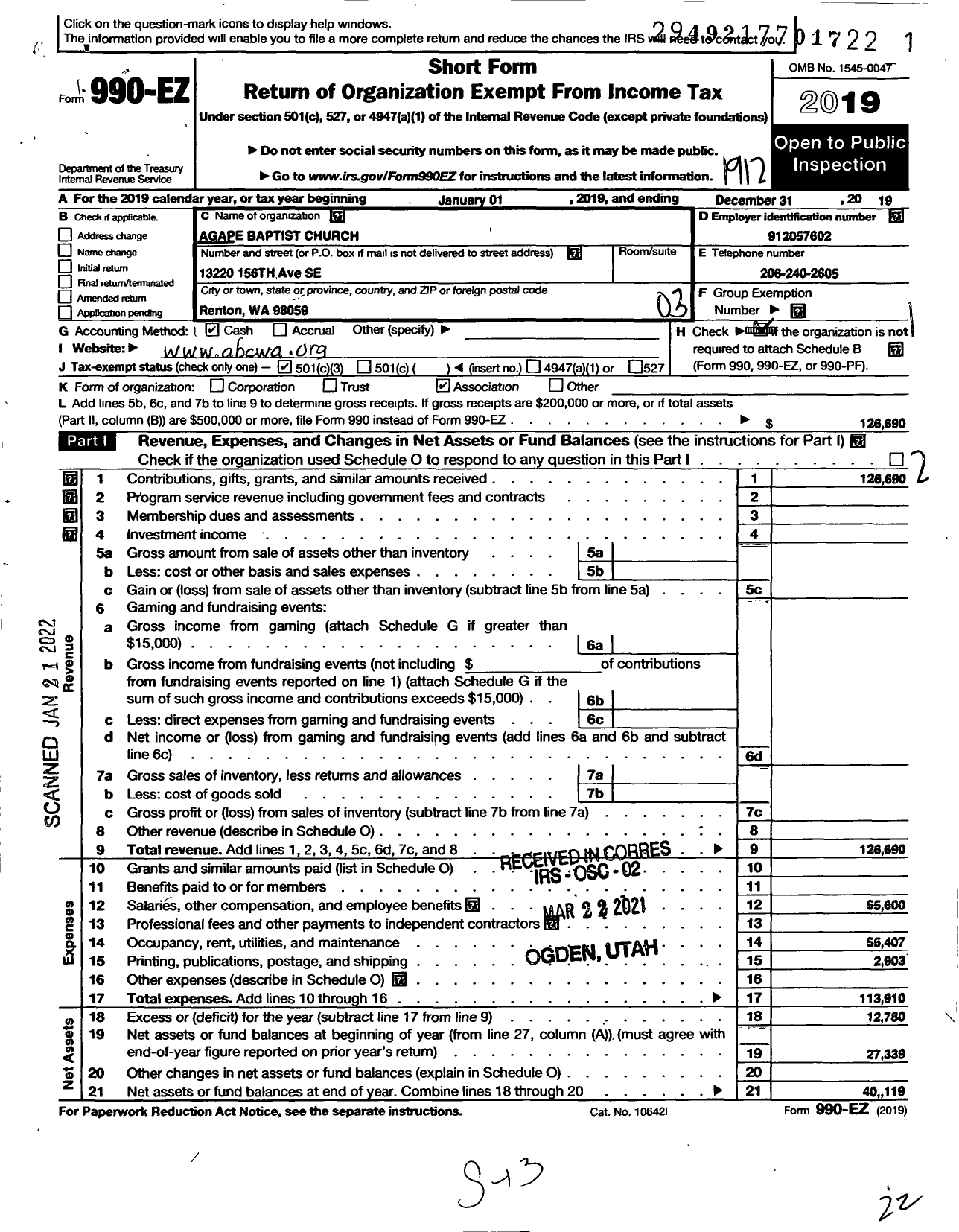 Image of first page of 2019 Form 990EZ for Agape Baptist Church