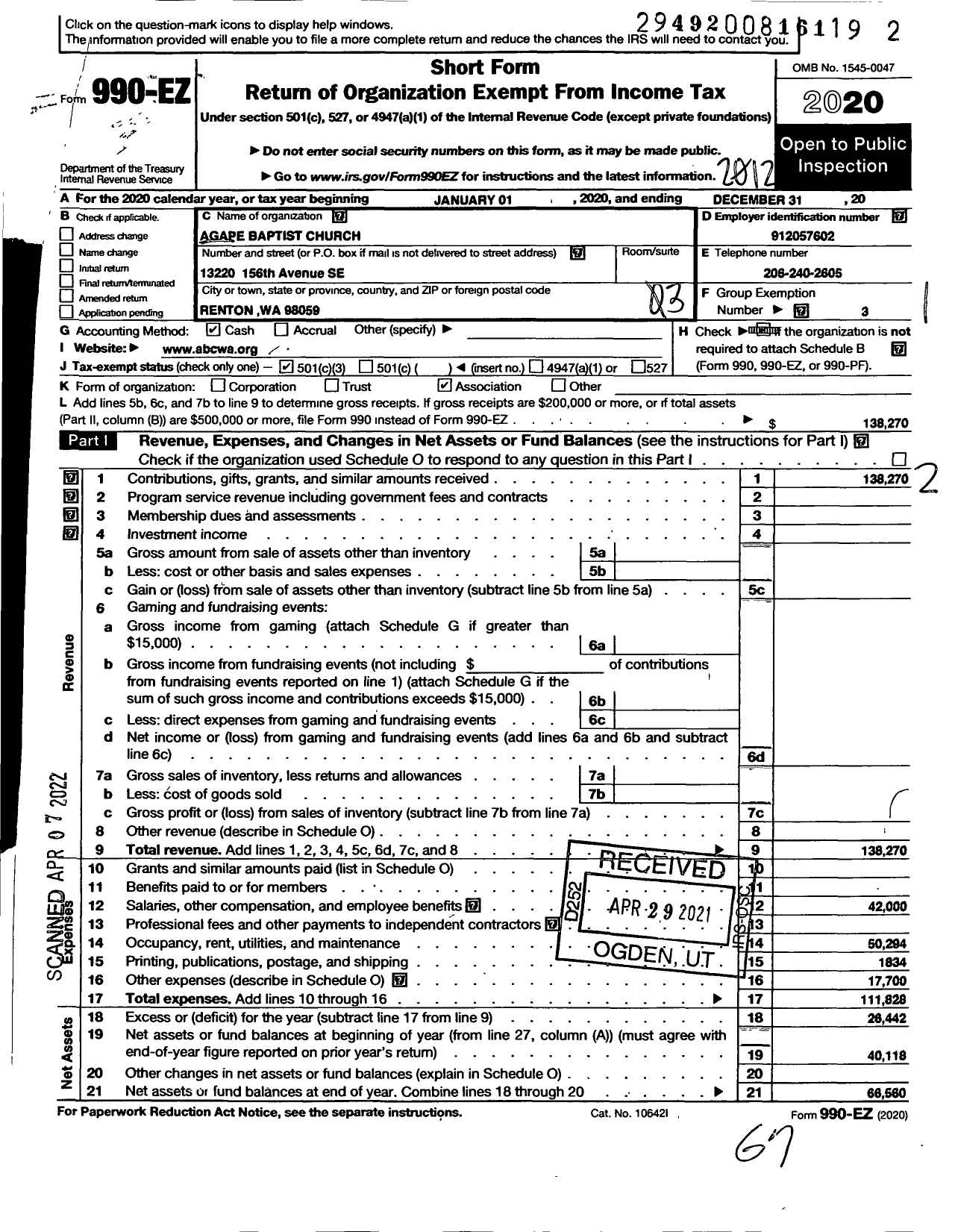 Image of first page of 2020 Form 990EZ for Agape Baptist Church