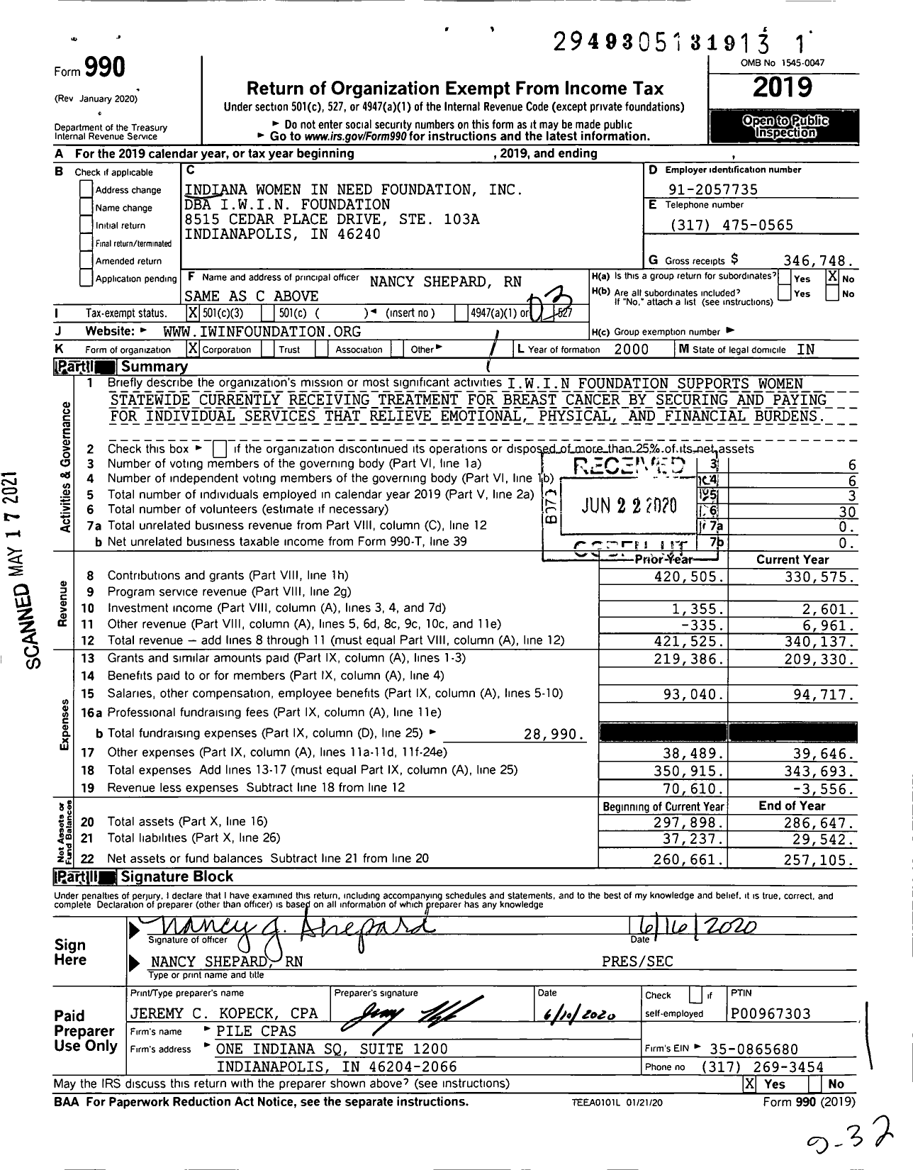 Image of first page of 2019 Form 990 for Indiana Women in Need Foundation