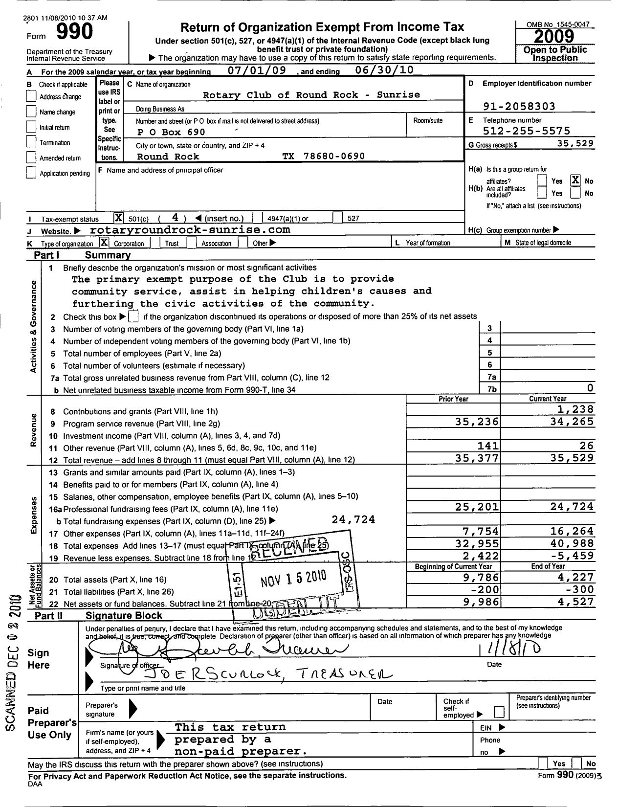 Image of first page of 2009 Form 990O for Rotary International - Round Rock Sunrise TX