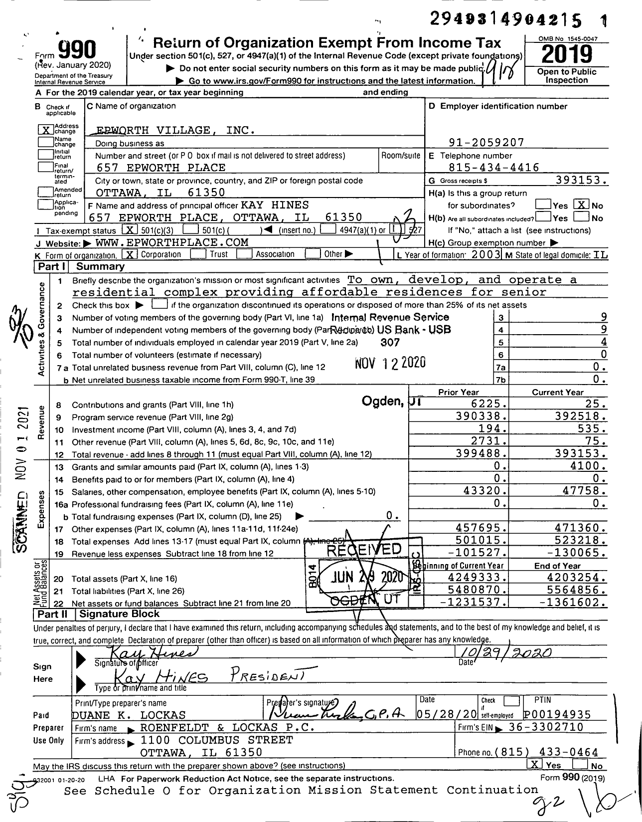 Image of first page of 2019 Form 990 for Epworth Village