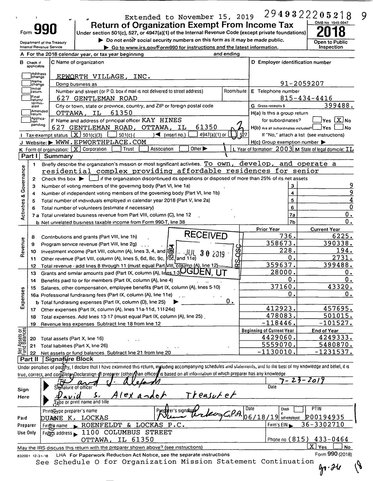 Image of first page of 2018 Form 990 for Epworth Village