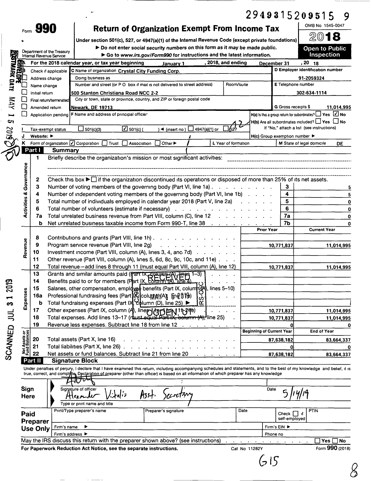 Image of first page of 2018 Form 990O for Crystal City Funding Corporation