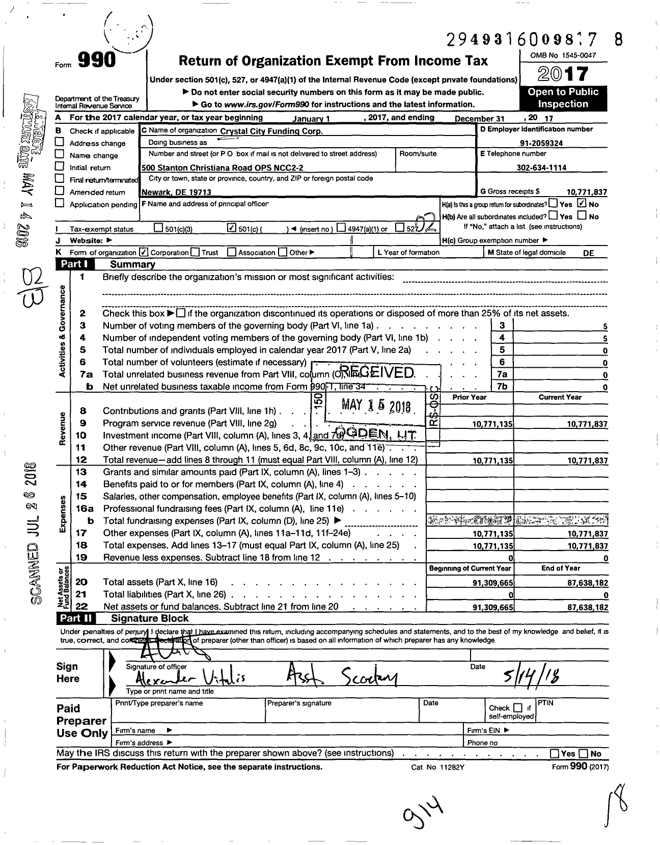 Image of first page of 2017 Form 990O for Crystal City Funding Corporation