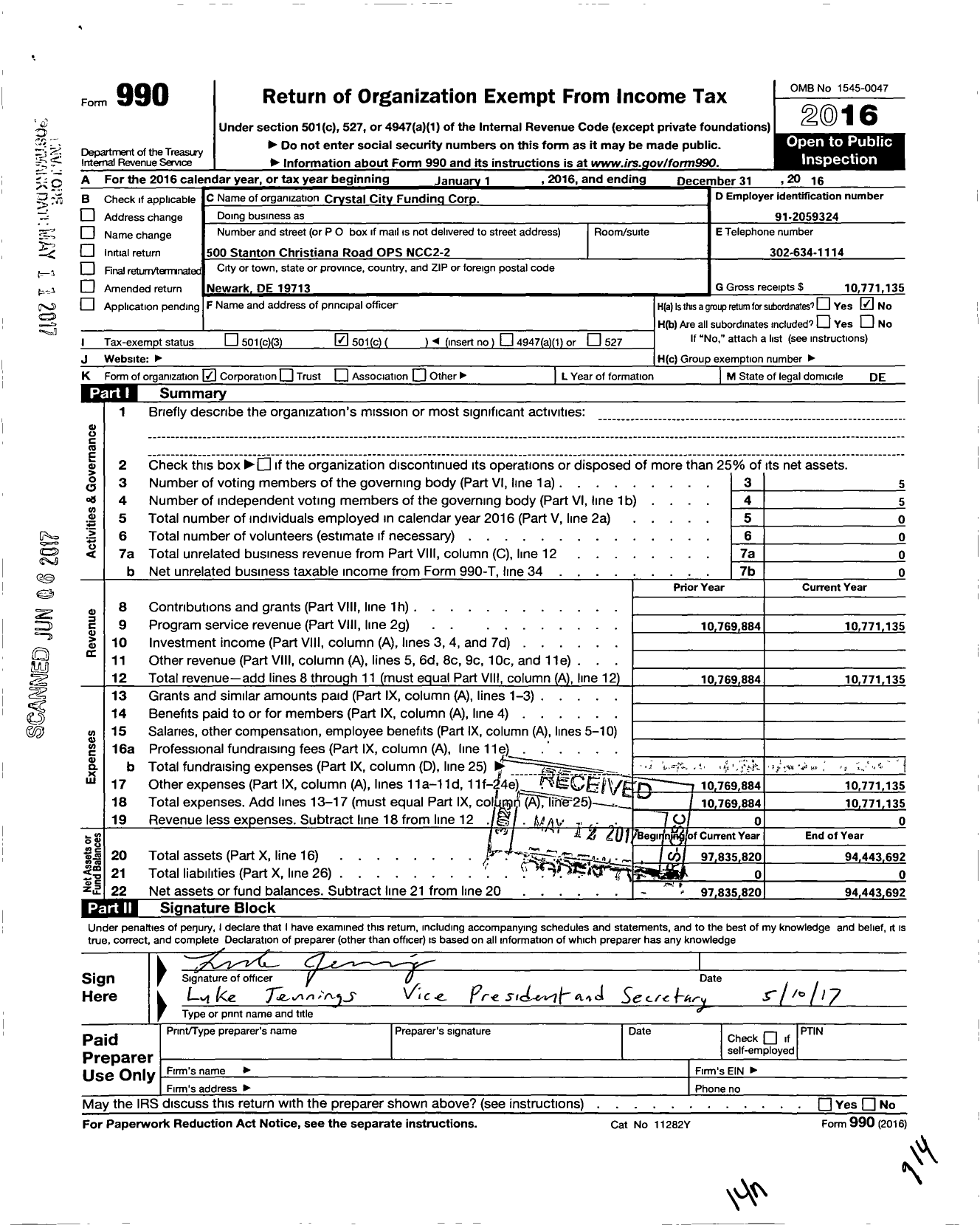 Image of first page of 2016 Form 990O for Crystal City Funding Corporation
