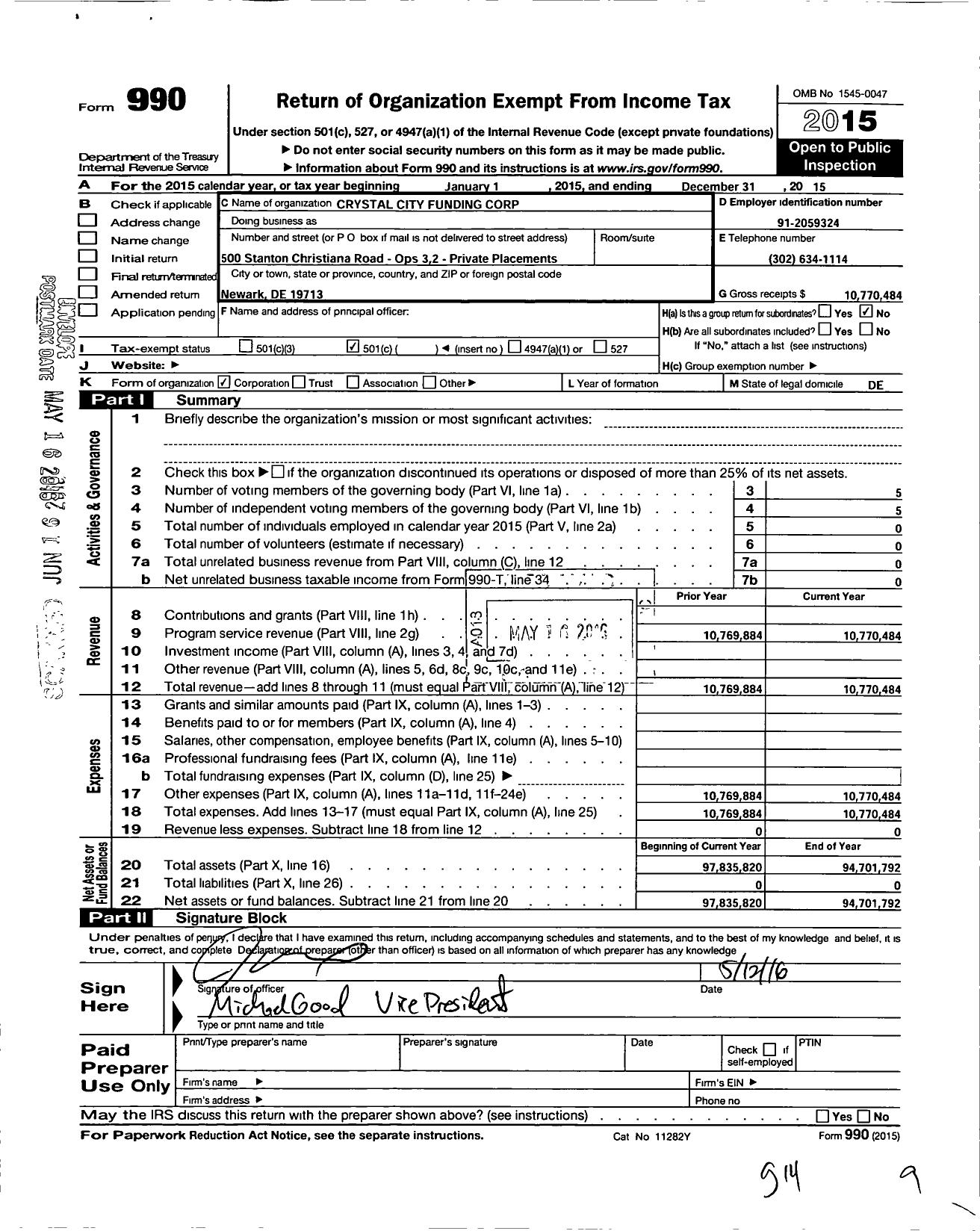 Image of first page of 2015 Form 990O for Crystal City Funding Corporation