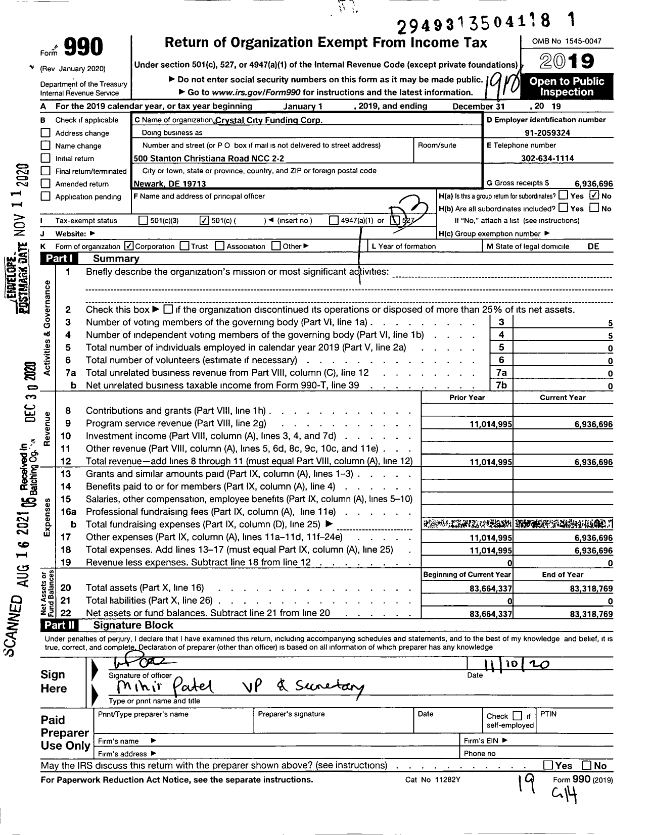 Image of first page of 2019 Form 990 for Crystal City Funding Corporation