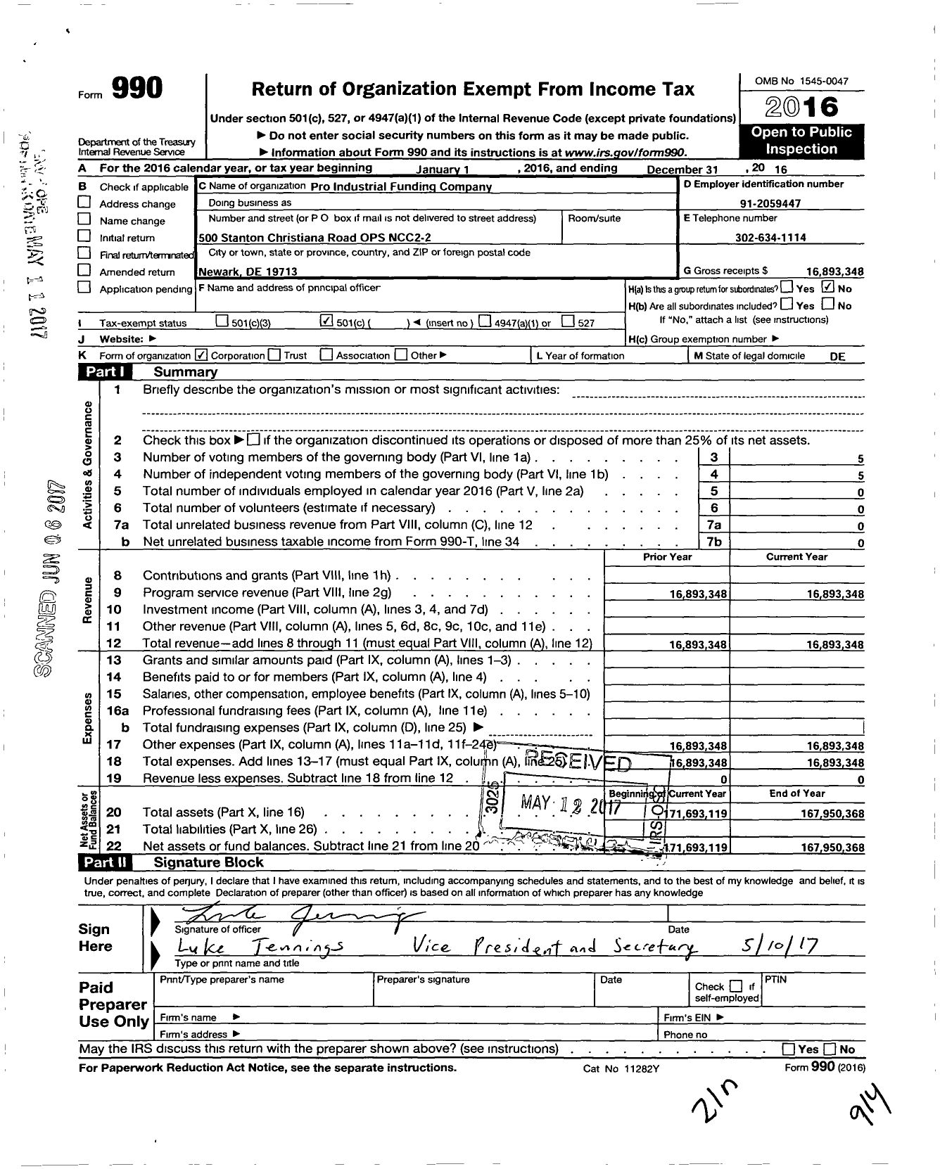 Image of first page of 2016 Form 990O for Pro-Industrial Funding Company