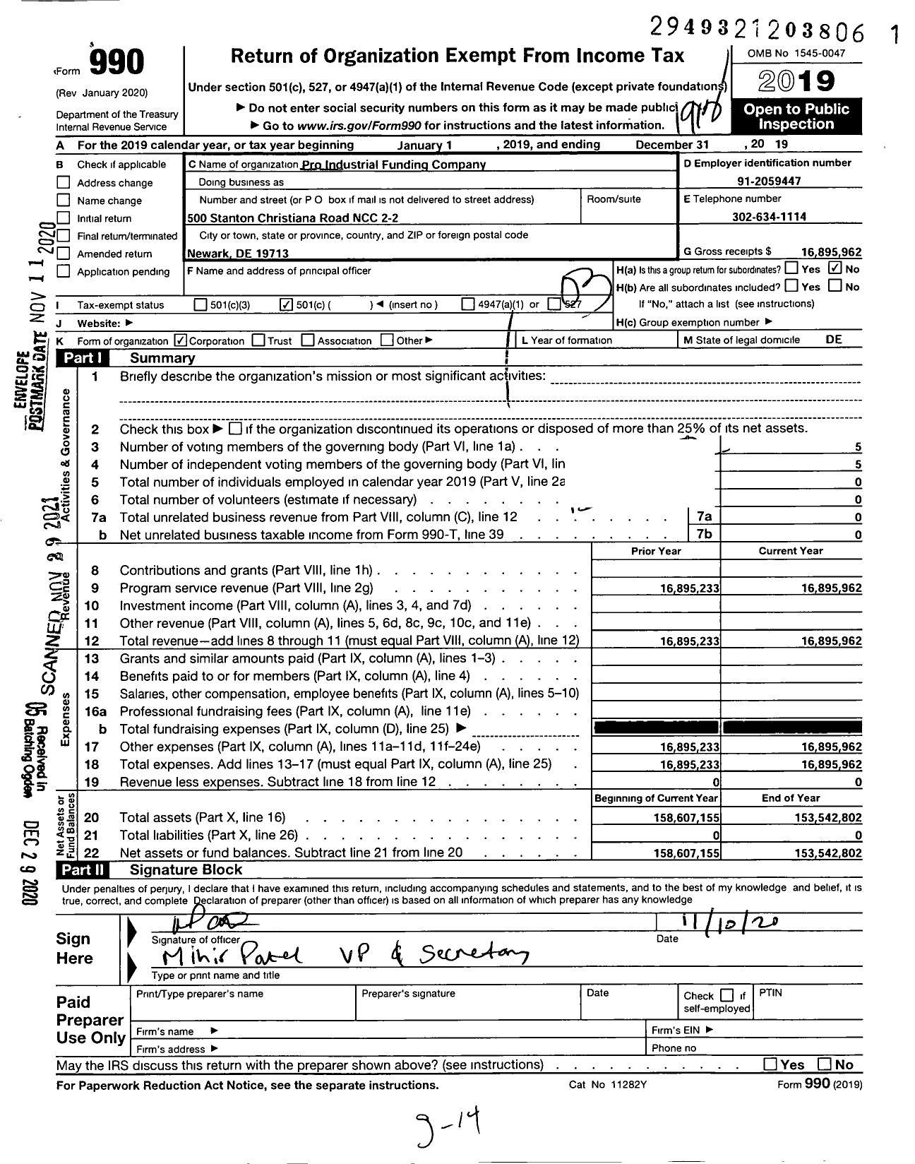 Image of first page of 2019 Form 990 for Pro-Industrial Funding Company