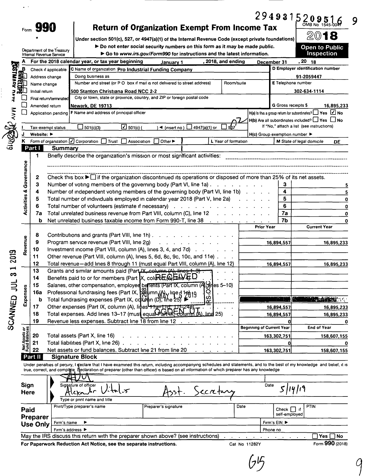 Image of first page of 2018 Form 990O for Pro-Industrial Funding Company