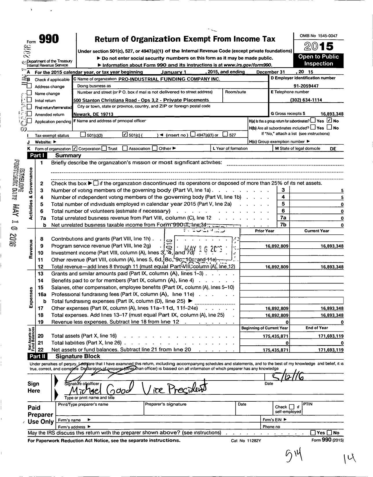 Image of first page of 2015 Form 990O for Pro-Industrial Funding Company