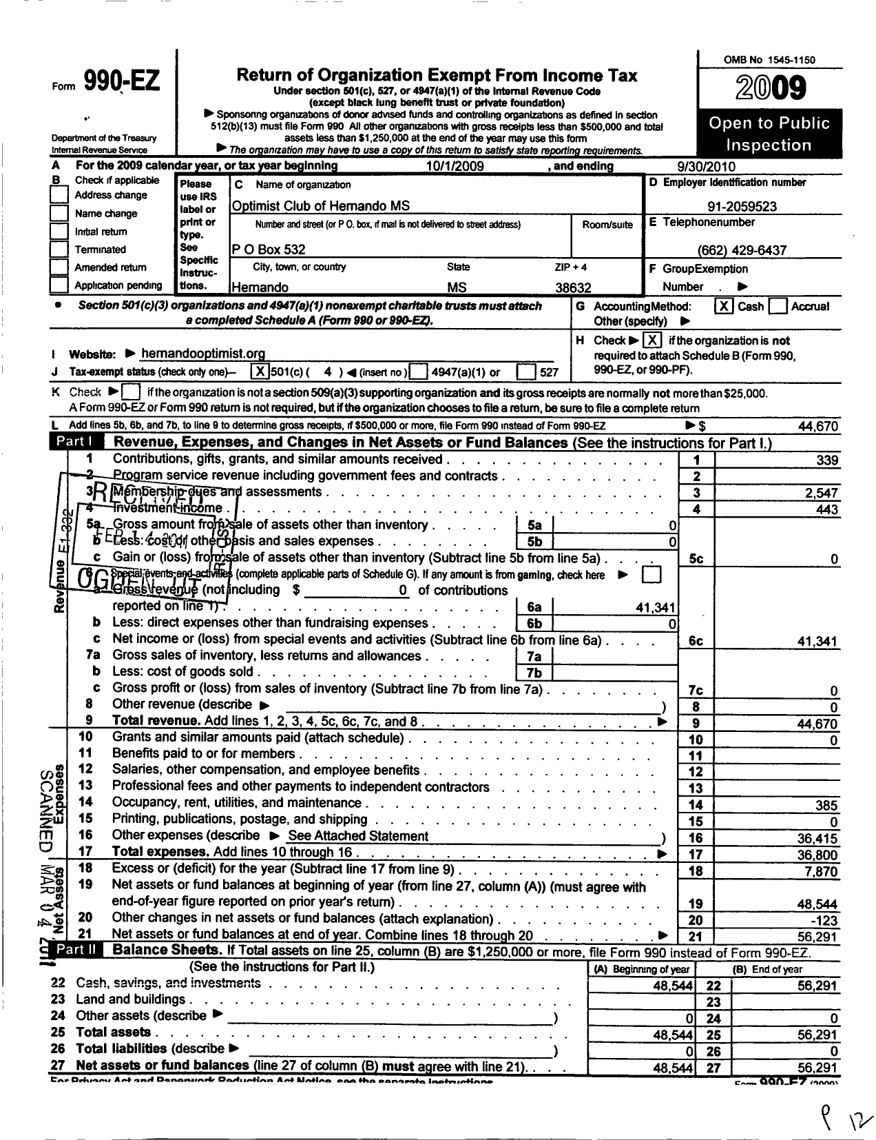 Image of first page of 2009 Form 990EO for Optimist International - 29084 Optimist Club Hernando MS