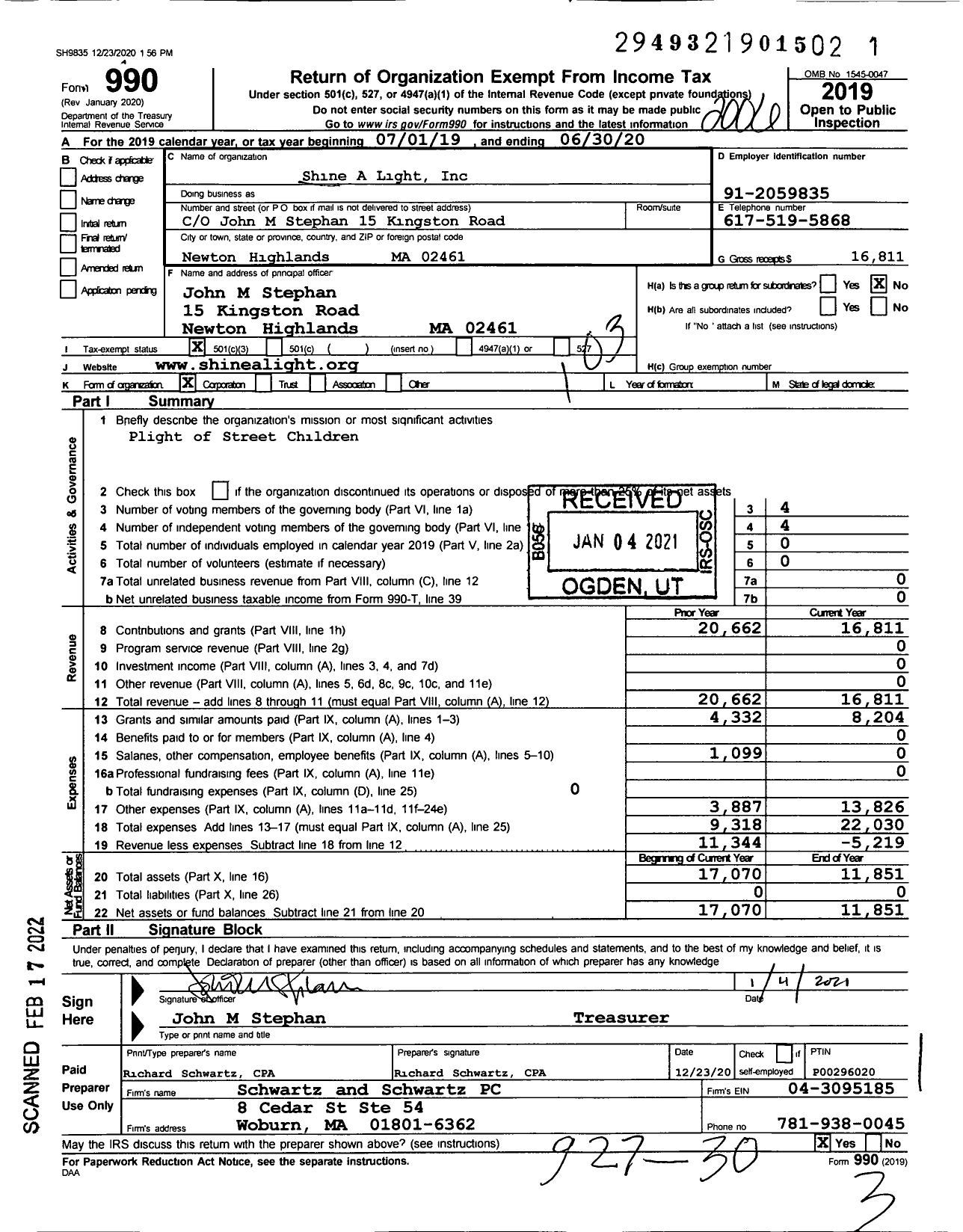 Image of first page of 2019 Form 990 for Shine A Light / Program for Street Childrens Health