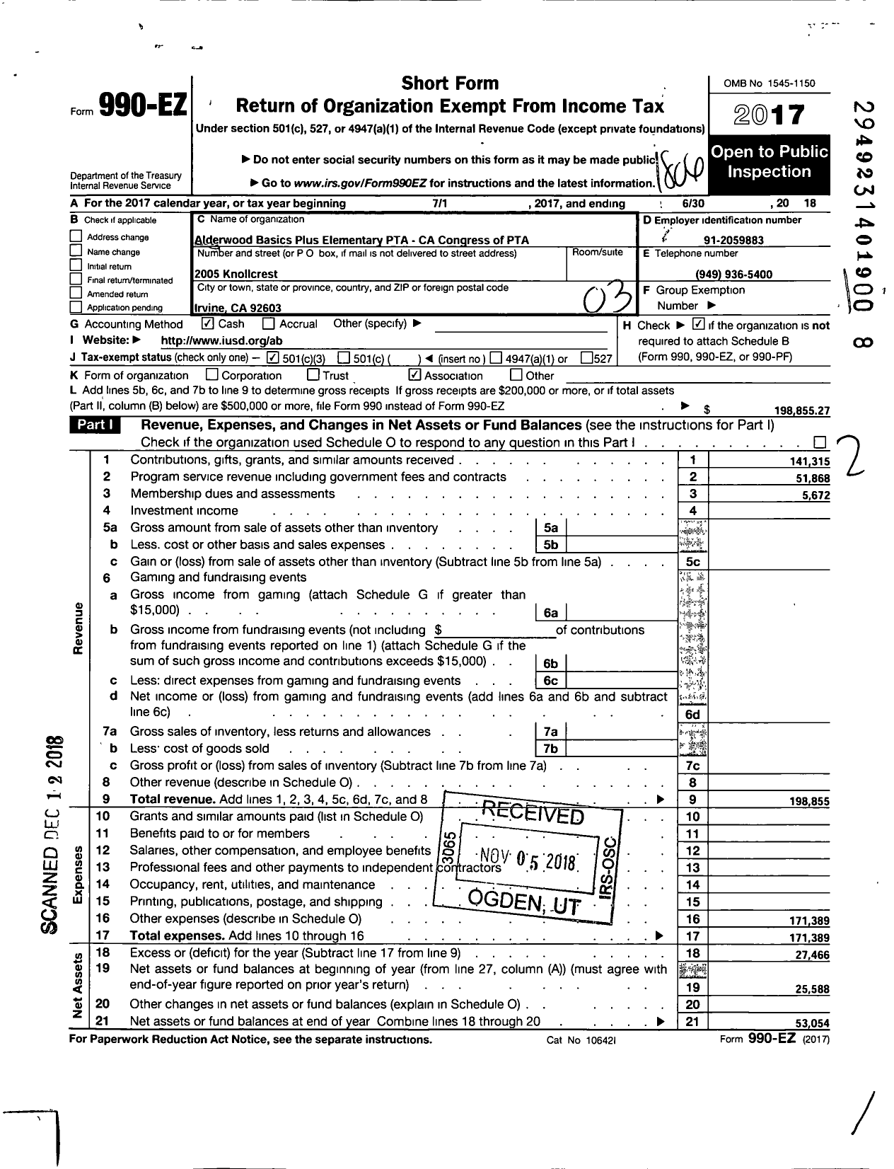 Image of first page of 2017 Form 990EZ for California State PTA - Alderwood Elementary PTA