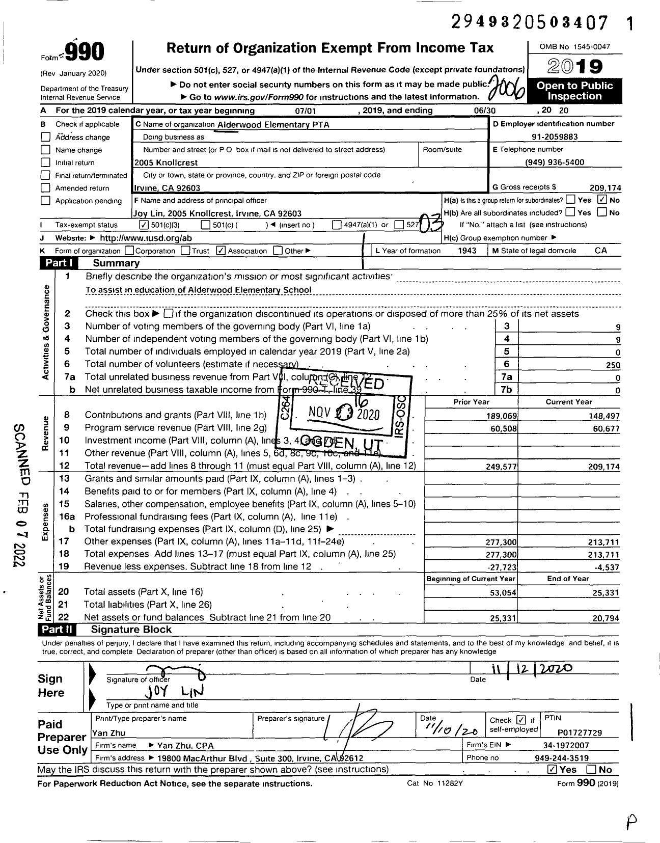 Image of first page of 2019 Form 990 for California State PTA - Alderwood Elementary PTA