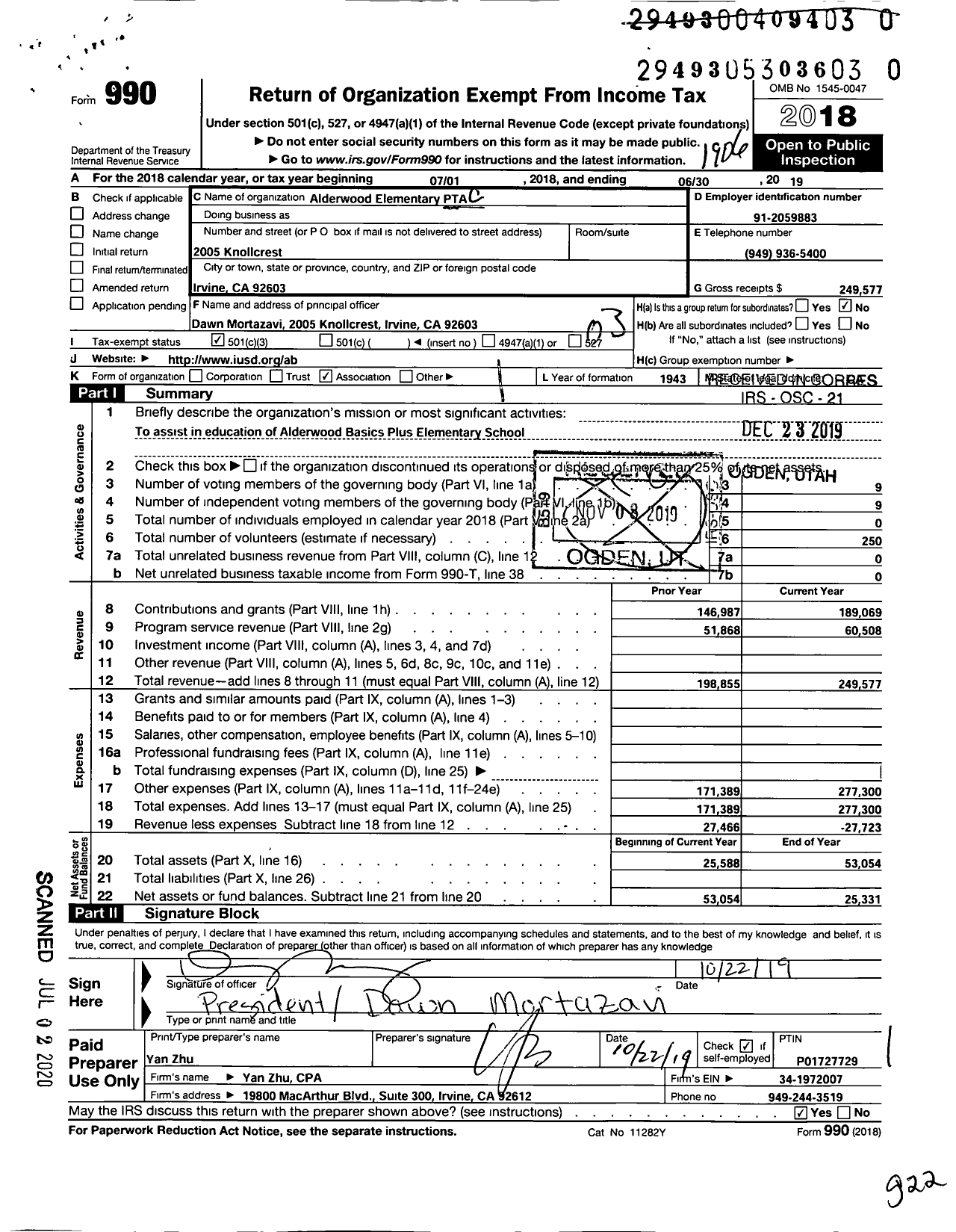 Image of first page of 2018 Form 990 for California State PTA - Alderwood Elementary PTA