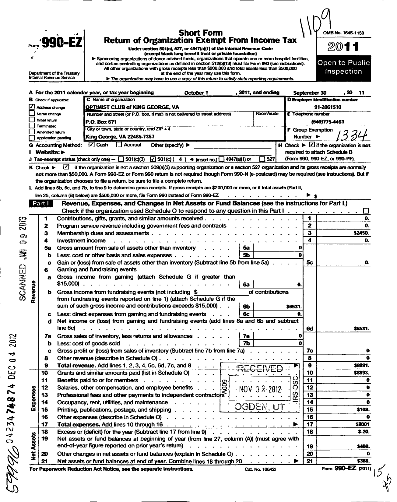 Image of first page of 2010 Form 990EO for Optimist International - 16098 Optimist Club King George Va