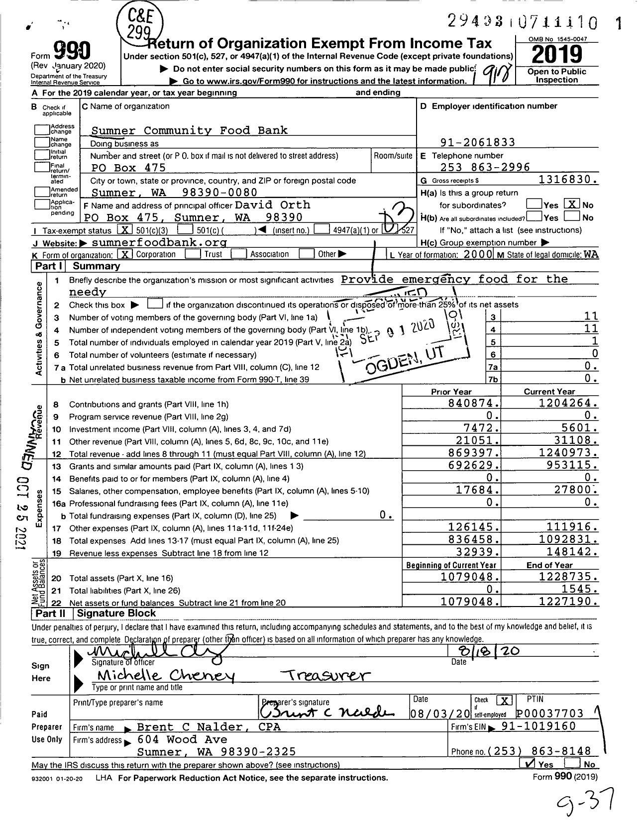 Image of first page of 2019 Form 990 for Sumner Community Food Bank
