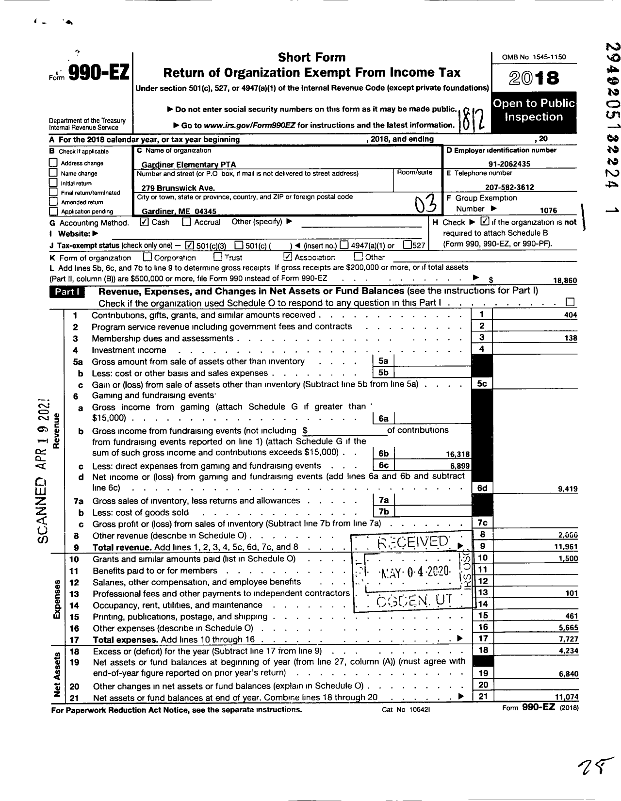 Image of first page of 2018 Form 990EZ for PTA Gardiner Elementary