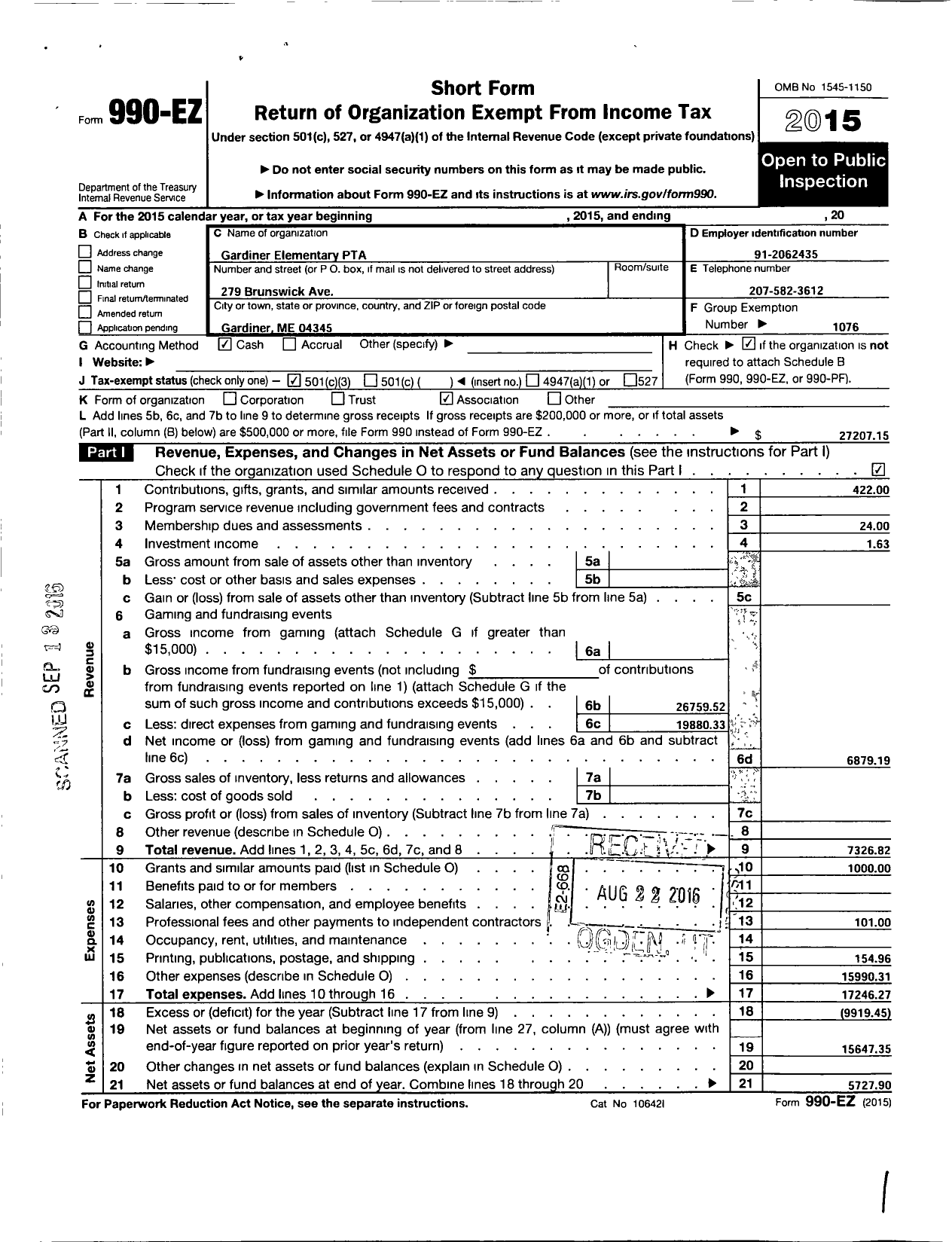 Image of first page of 2015 Form 990EZ for PTA Gardiner Elementary