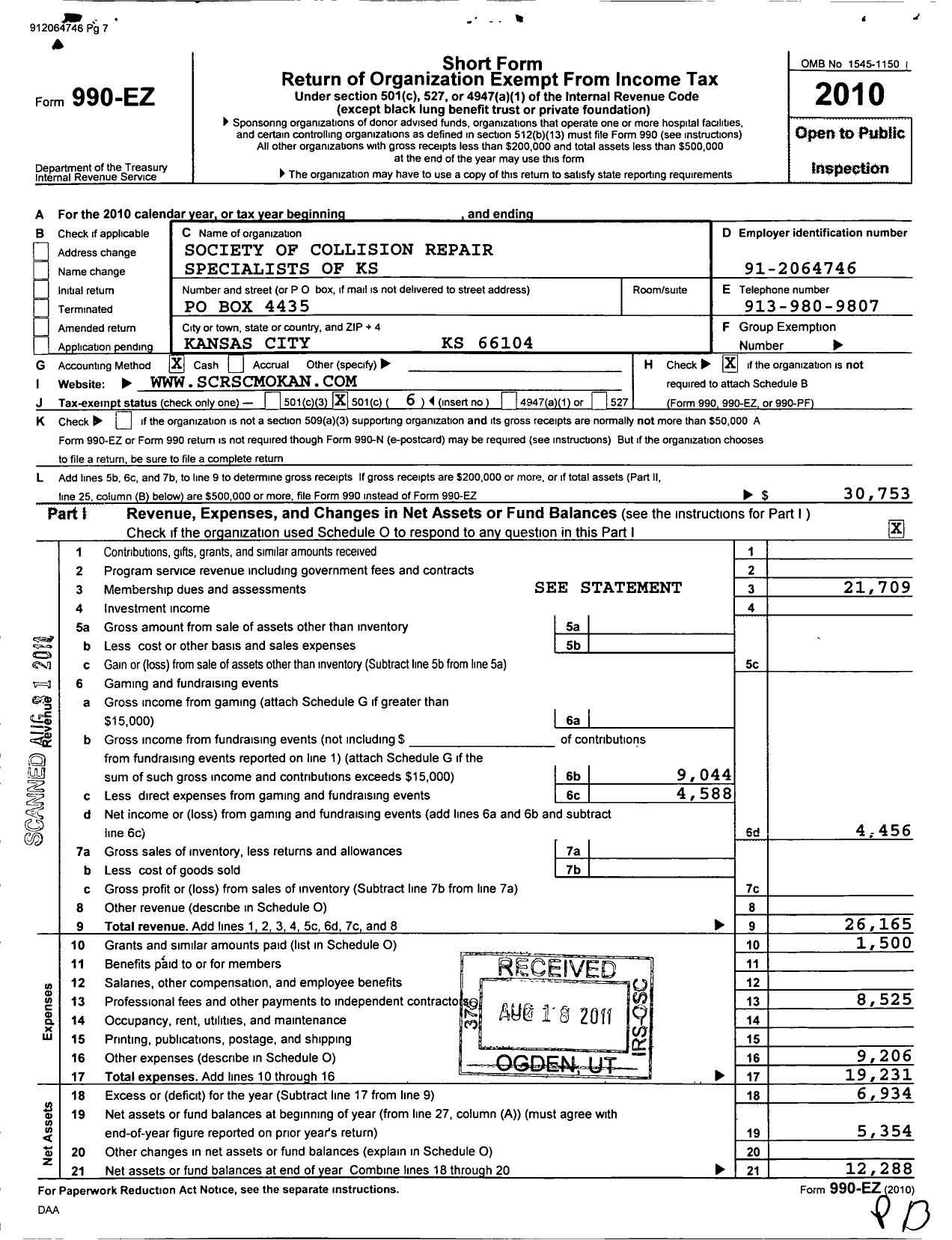 Image of first page of 2010 Form 990EO for Kansas City Automotive Professional Association