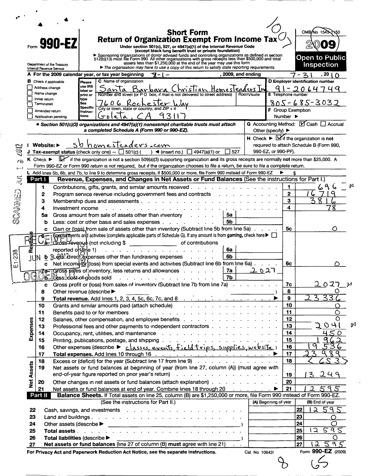 Image of first page of 2009 Form 990EO for Santa Barbara Christian Homesteaders